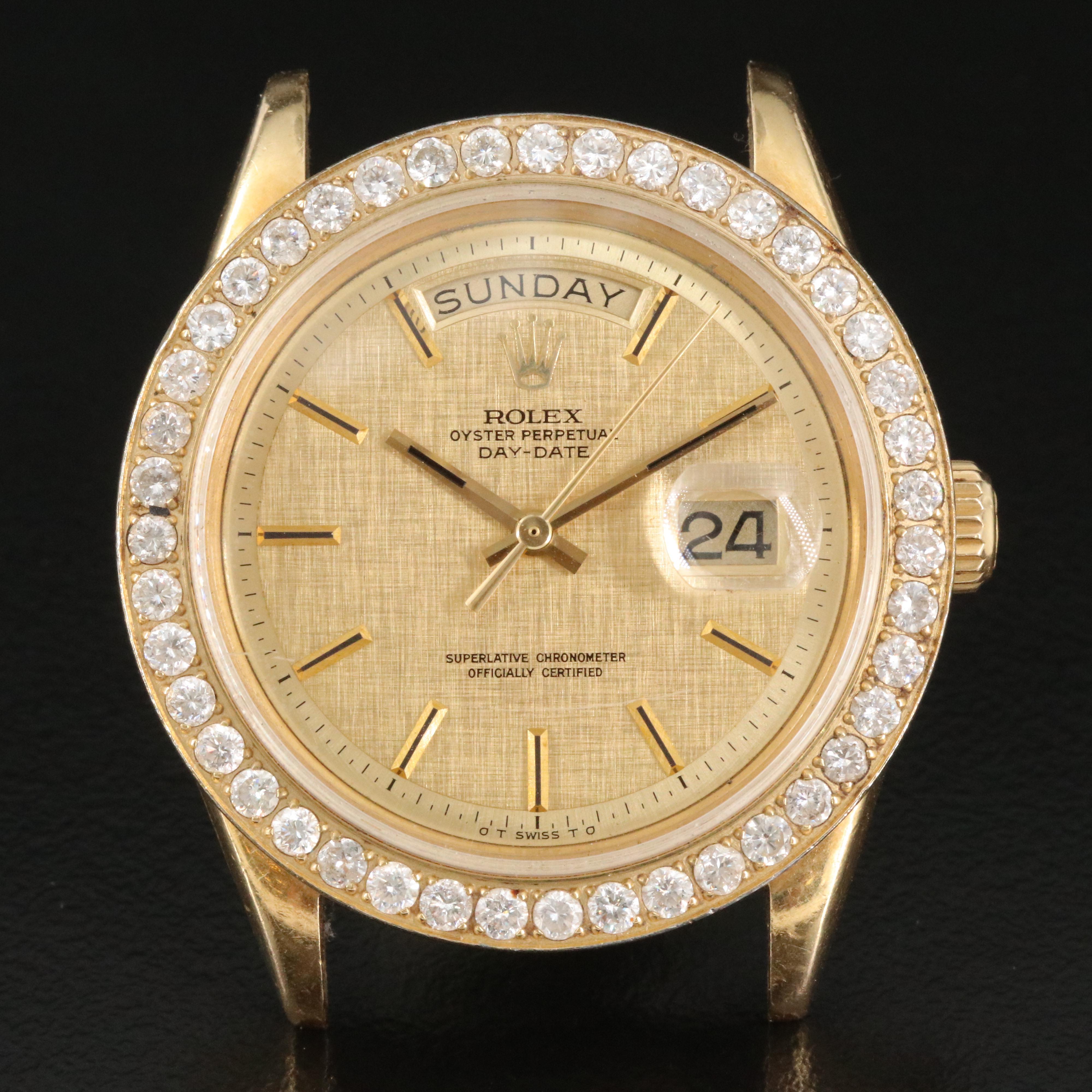 1972 Rolex Day-Date 2.00 CTW Custom Diamond Bezel 18K Gold Watch