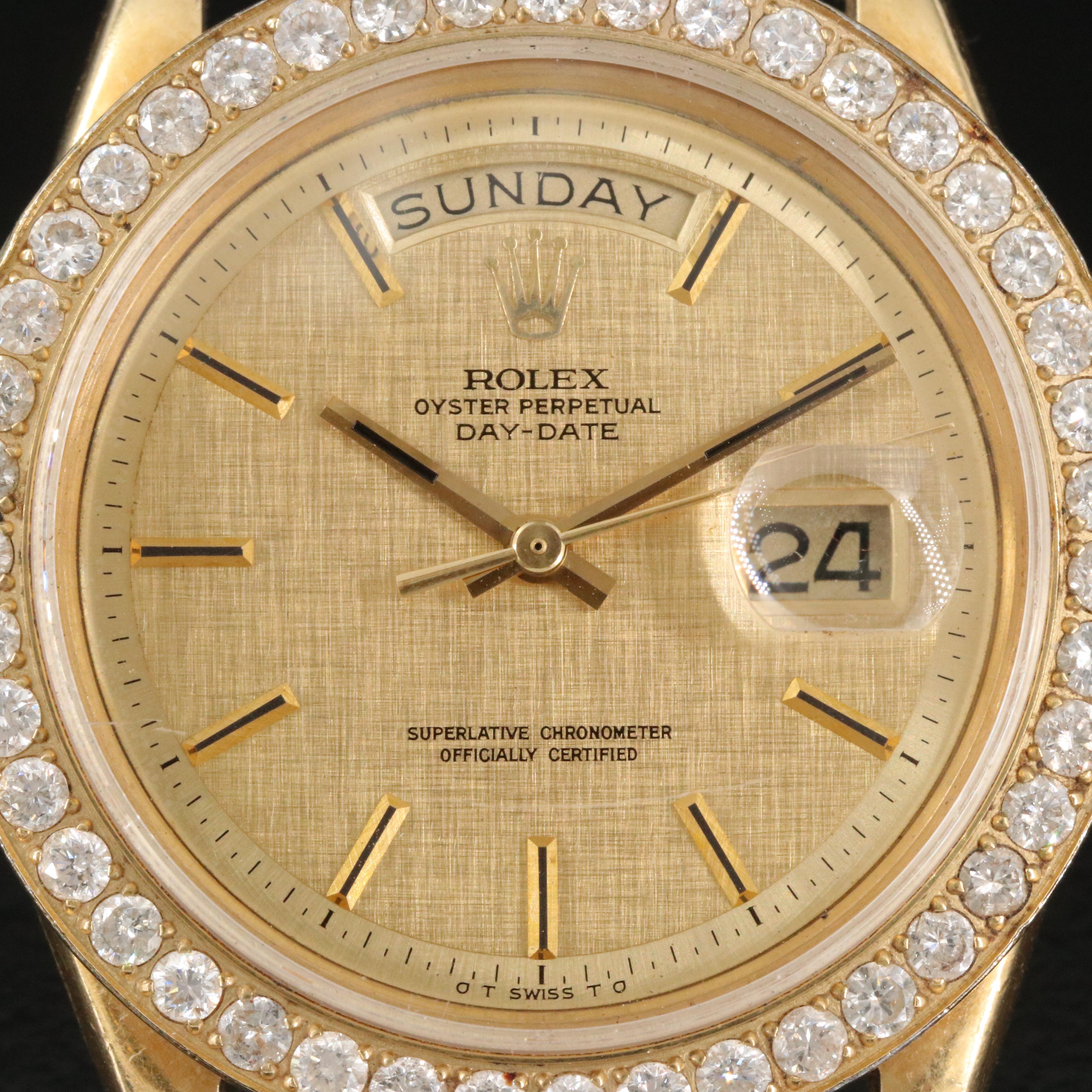 1972 Rolex Day-Date 2.00 CTW Custom Diamond Bezel 18K Gold Watch