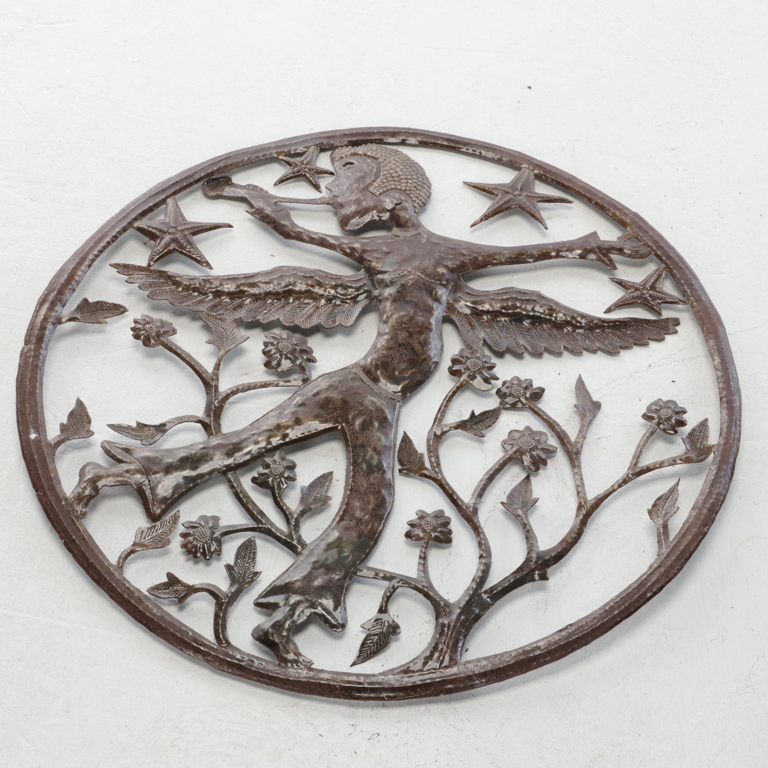 Artisan Buttocks Basket with Metal Wall Plaque and Folk Art Rocking Pig Figurine