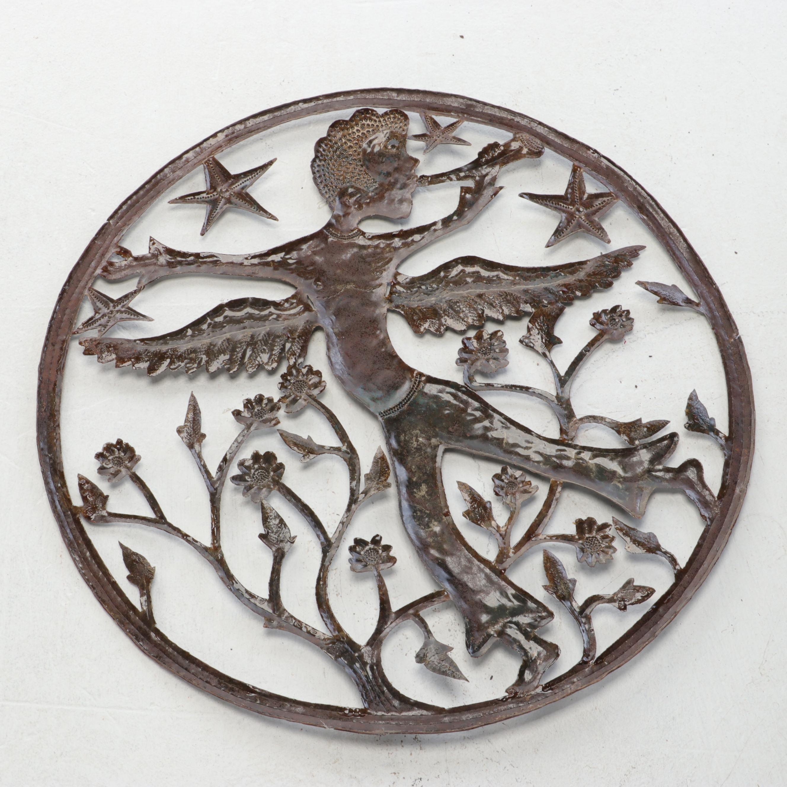 Artisan Buttocks Basket with Metal Wall Plaque and Folk Art Rocking Pig Figurine