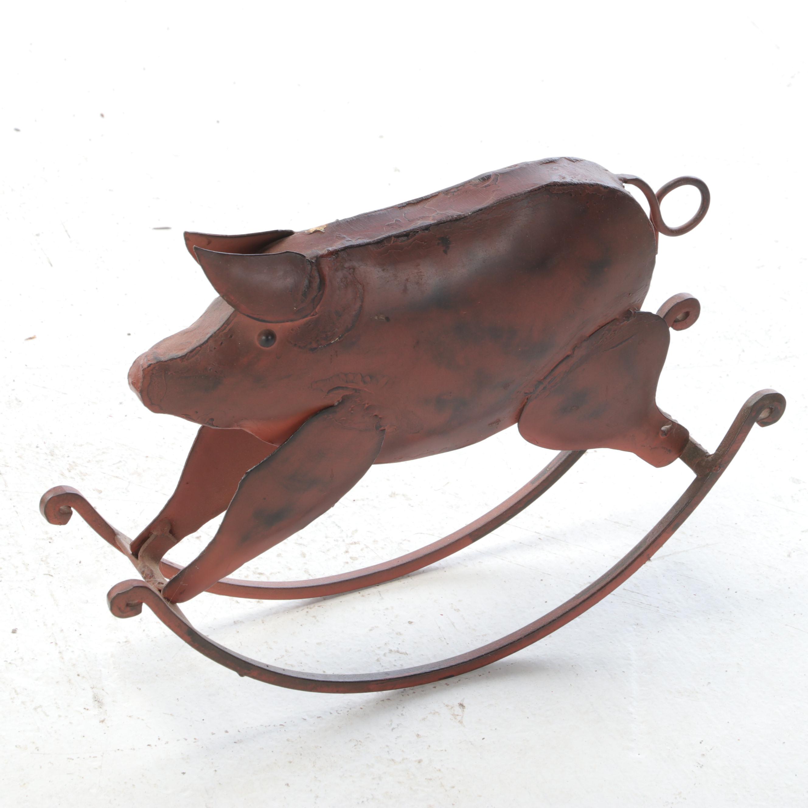 Artisan Buttocks Basket with Metal Wall Plaque and Folk Art Rocking Pig Figurine