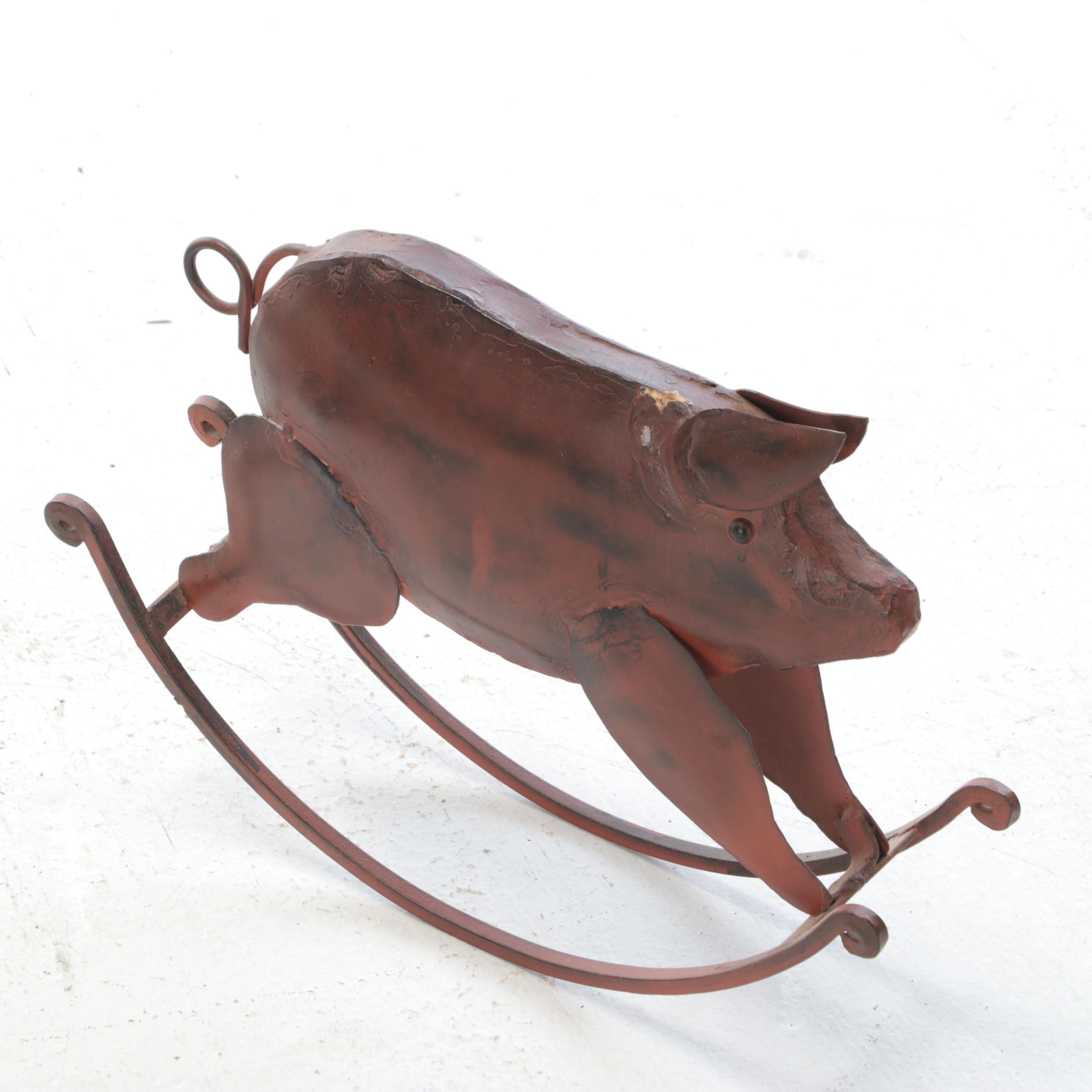 Artisan Buttocks Basket with Metal Wall Plaque and Folk Art Rocking Pig Figurine