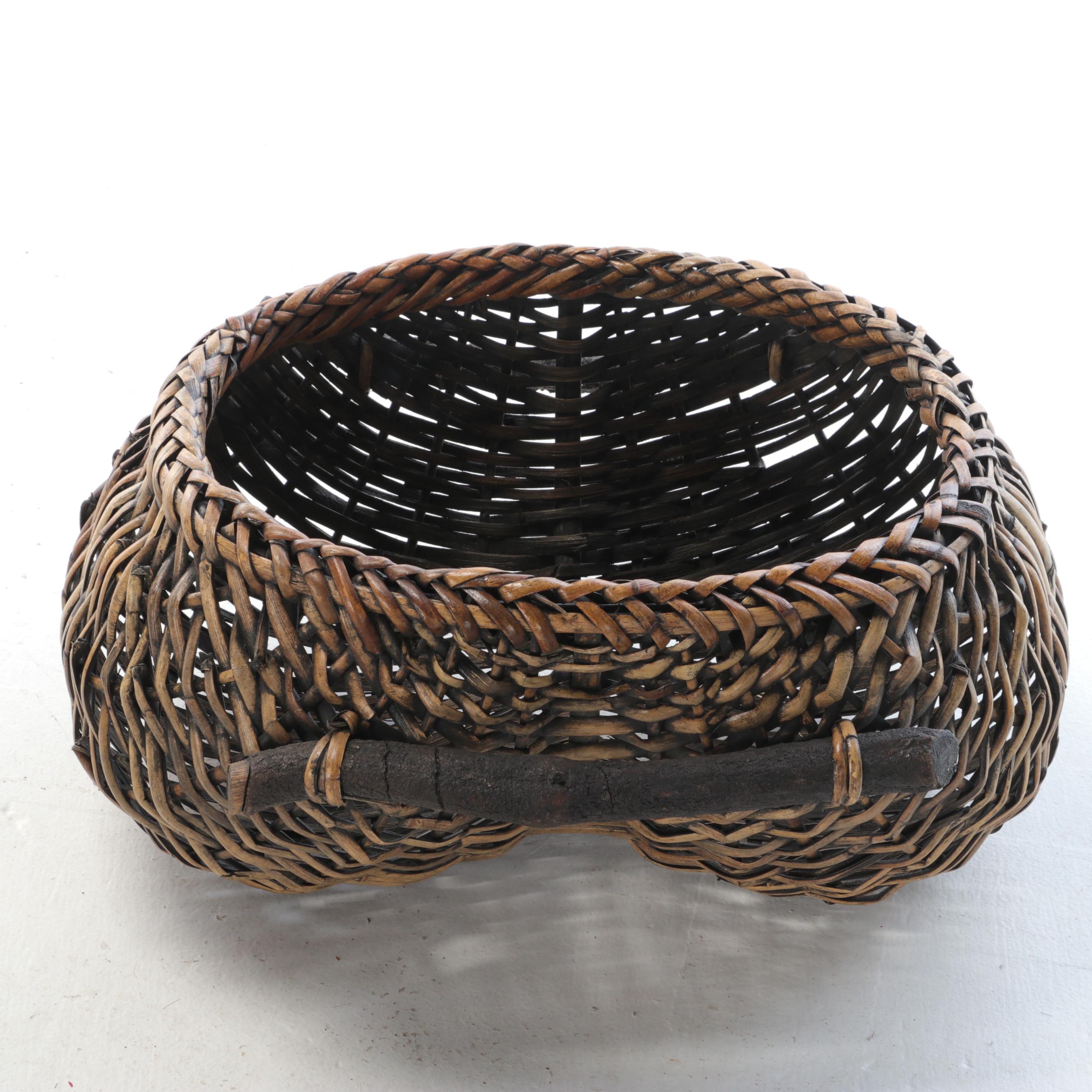 Artisan Buttocks Basket with Metal Wall Plaque and Folk Art Rocking Pig Figurine