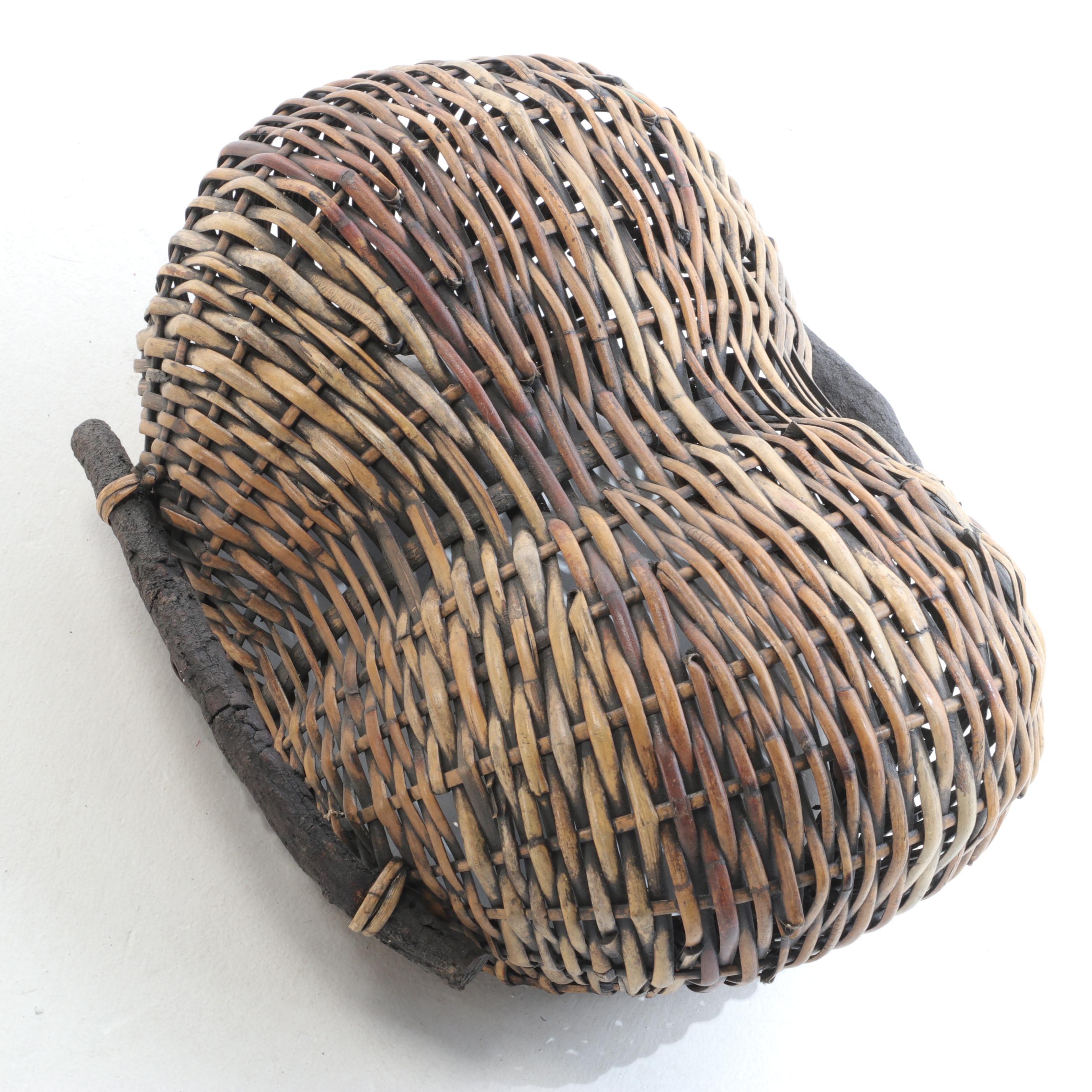 Artisan Buttocks Basket with Metal Wall Plaque and Folk Art Rocking Pig Figurine