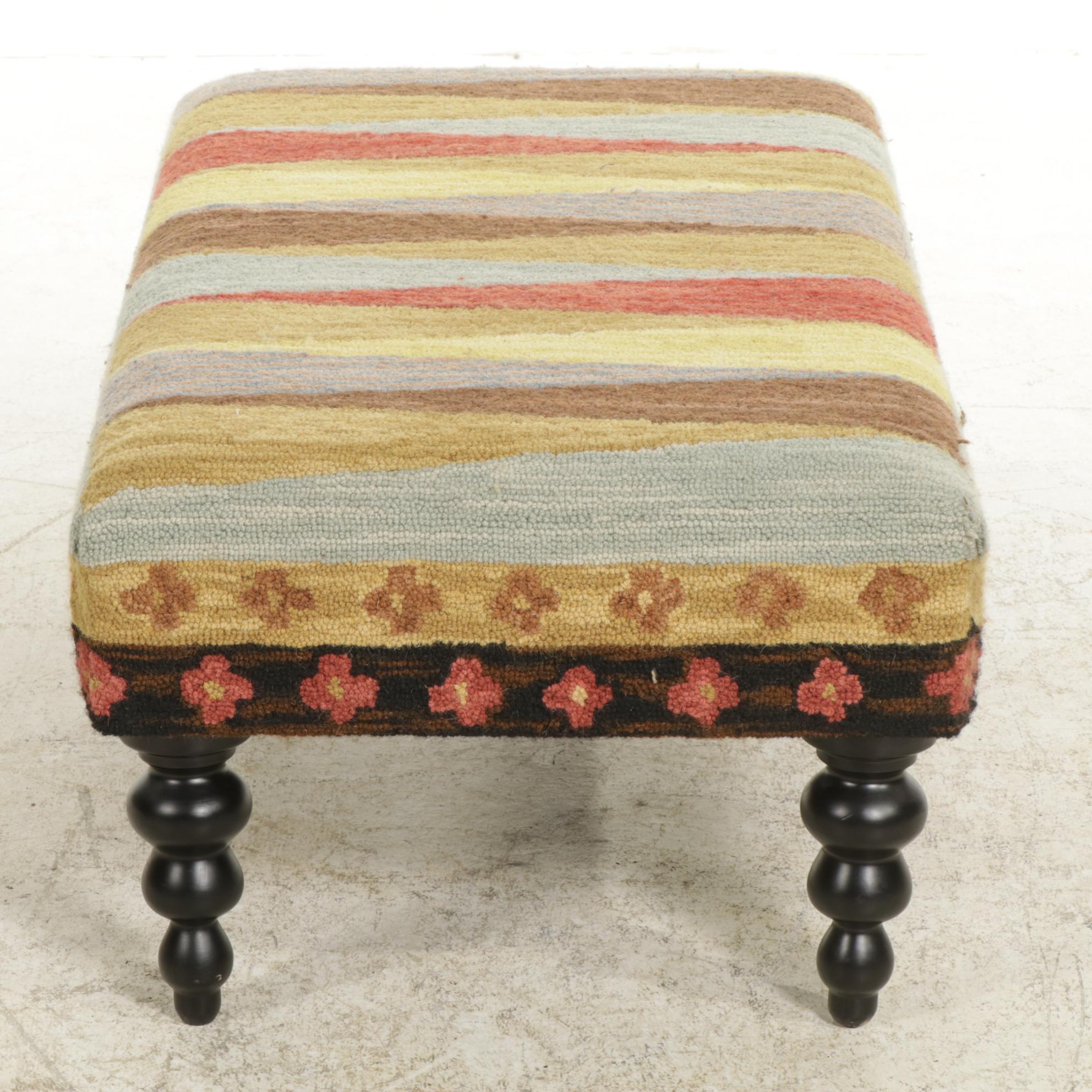 Ebonized Wood and Wool Rug Upholstered Bench Ottoman