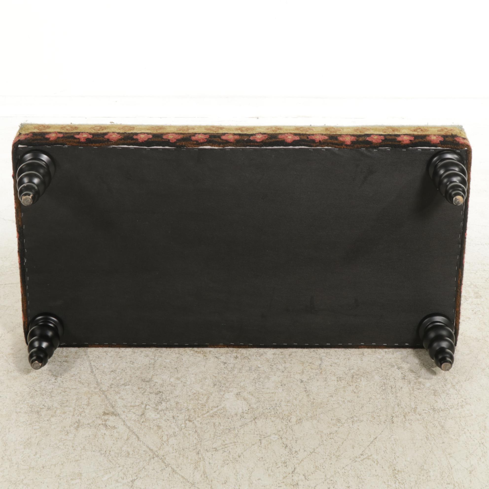 Ebonized Wood and Wool Rug Upholstered Bench Ottoman