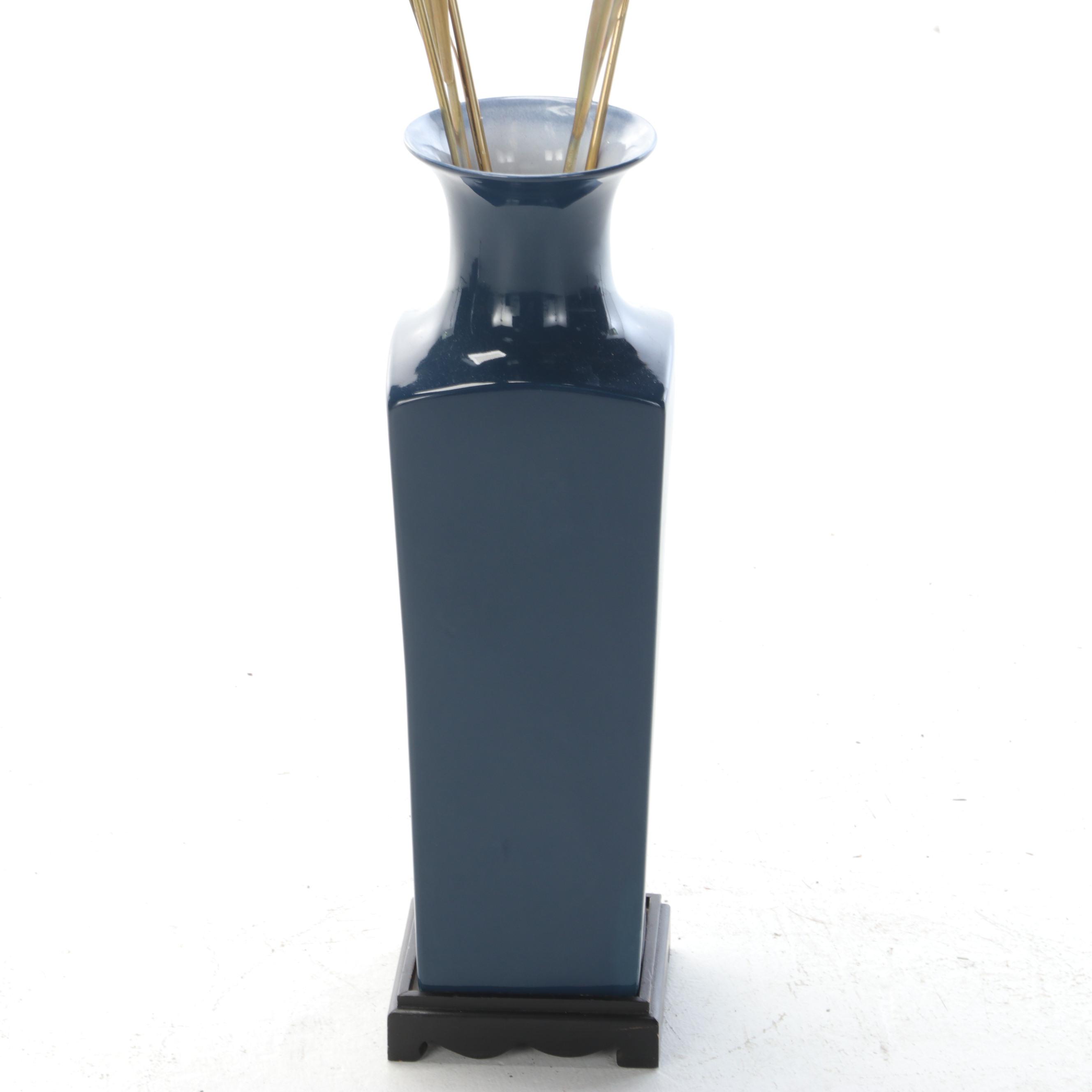 Chinese Cobalt Porcelain Vase with Brass Cattails Sculptures