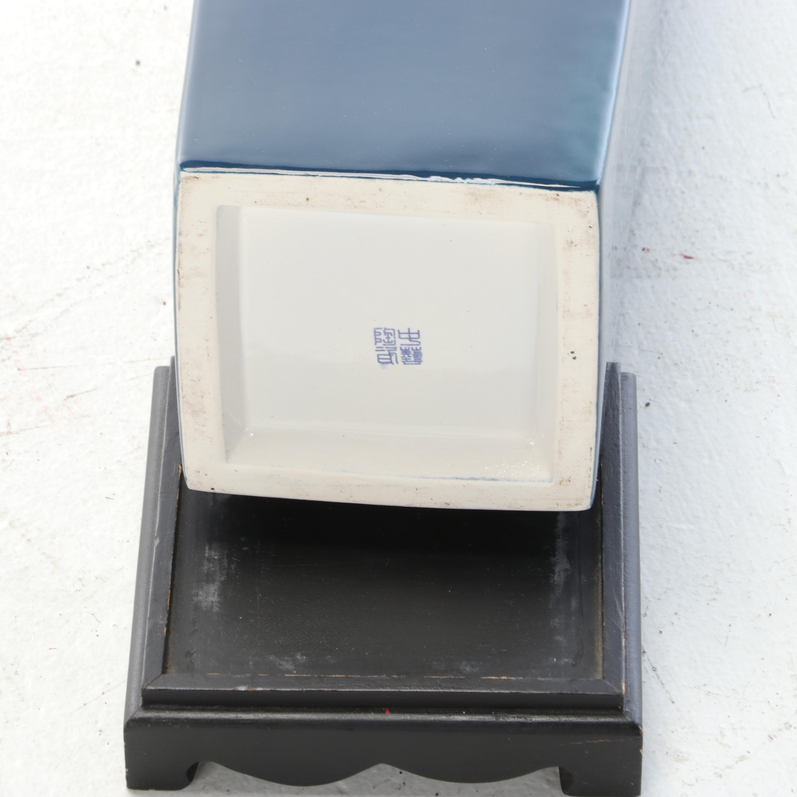 Chinese Cobalt Porcelain Vase with Brass Cattails Sculptures