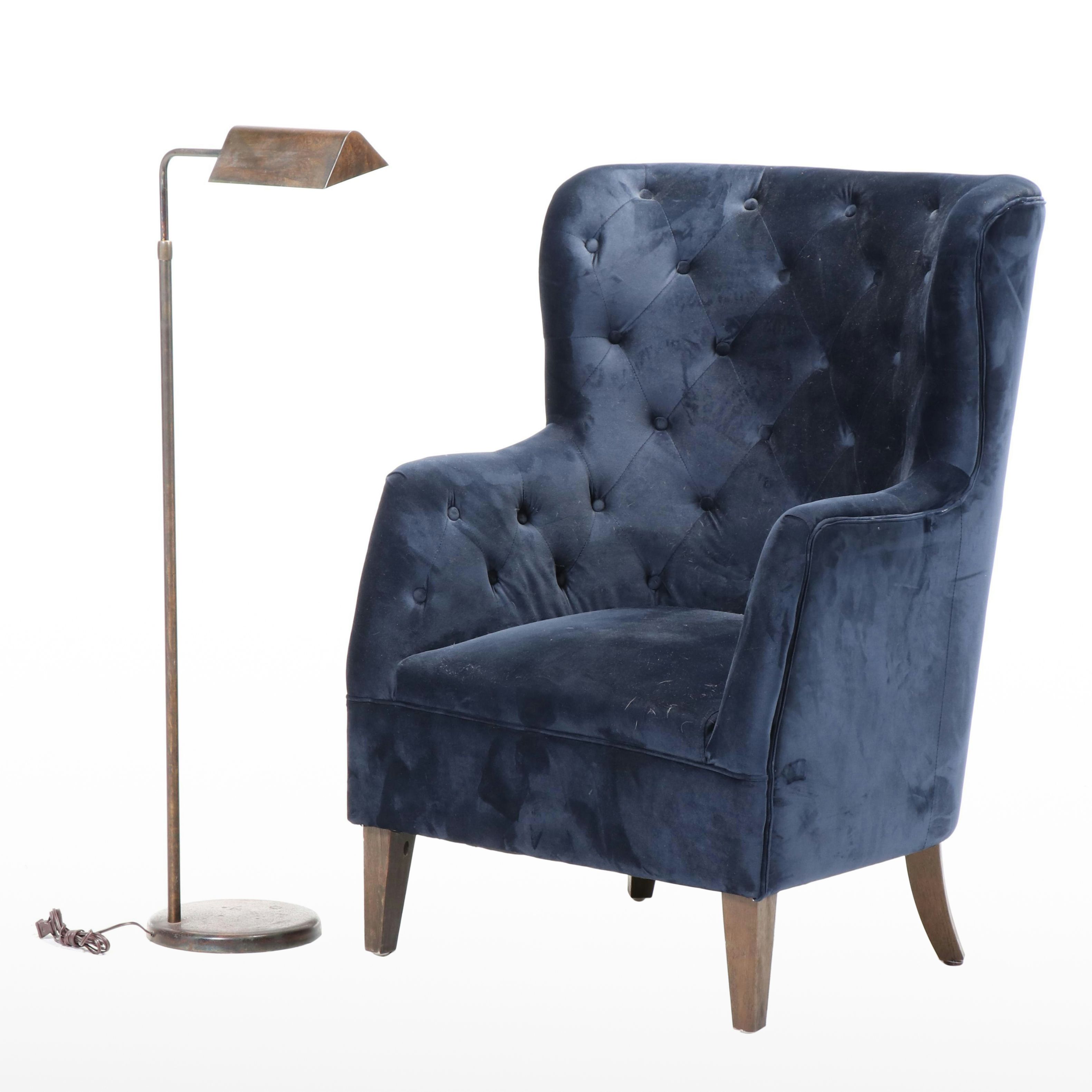 Classic Concepts Buttoned-Down Wing Chair Plus Patinated Metal Pharmacy Lamp