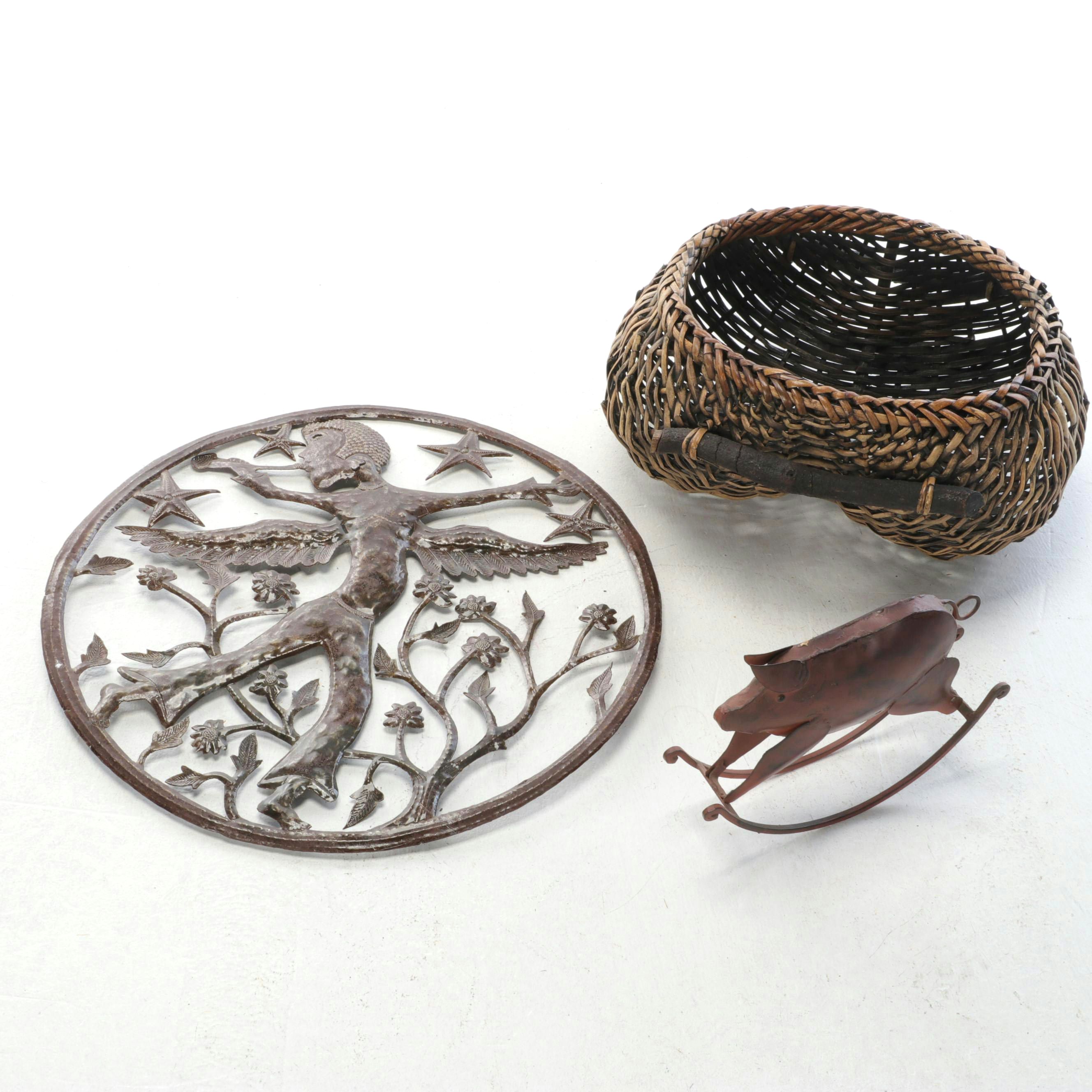 Artisan Buttocks Basket with Metal Wall Plaque and Folk Art Rocking Pig Figurine