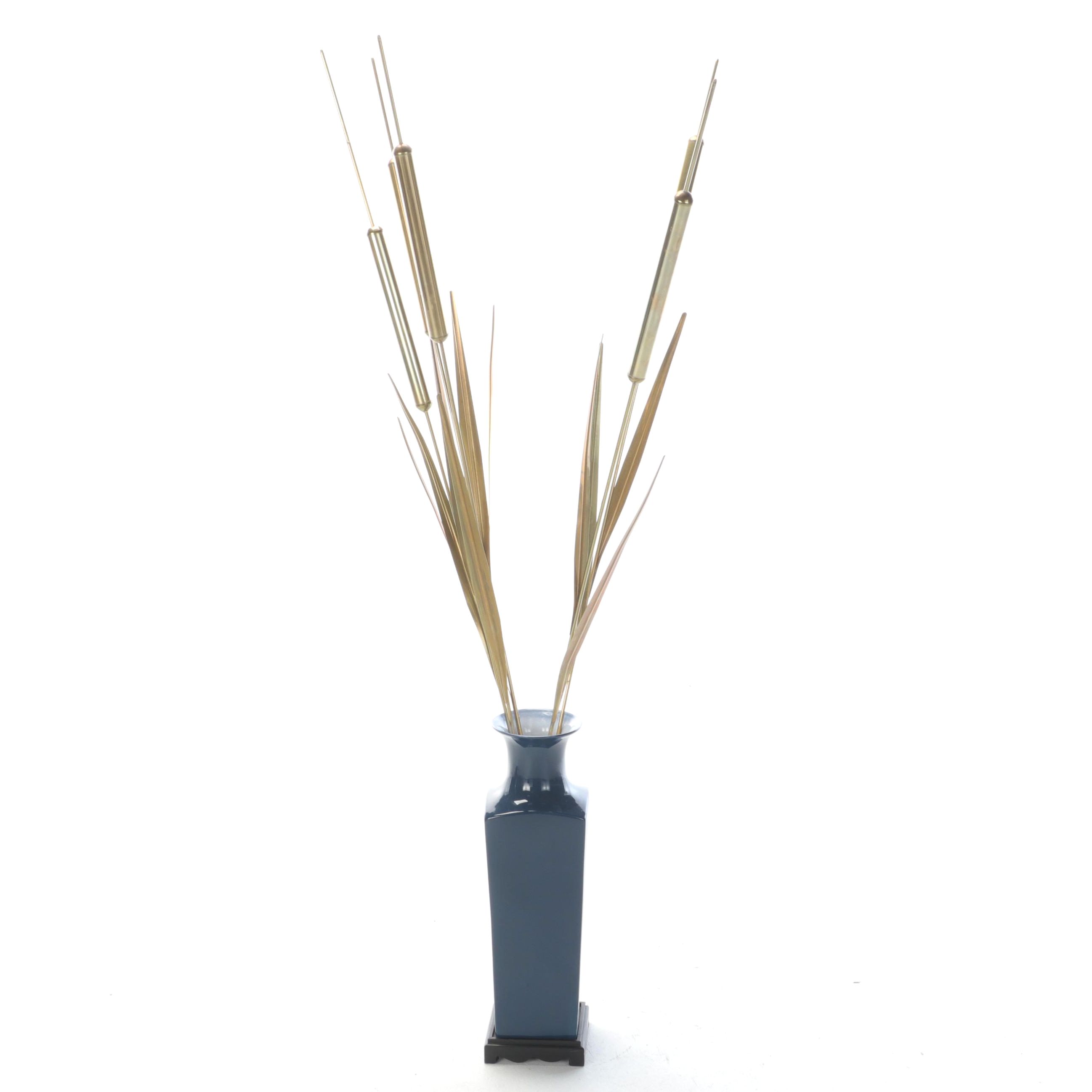 Chinese Cobalt Porcelain Vase with Brass Cattails Sculptures
