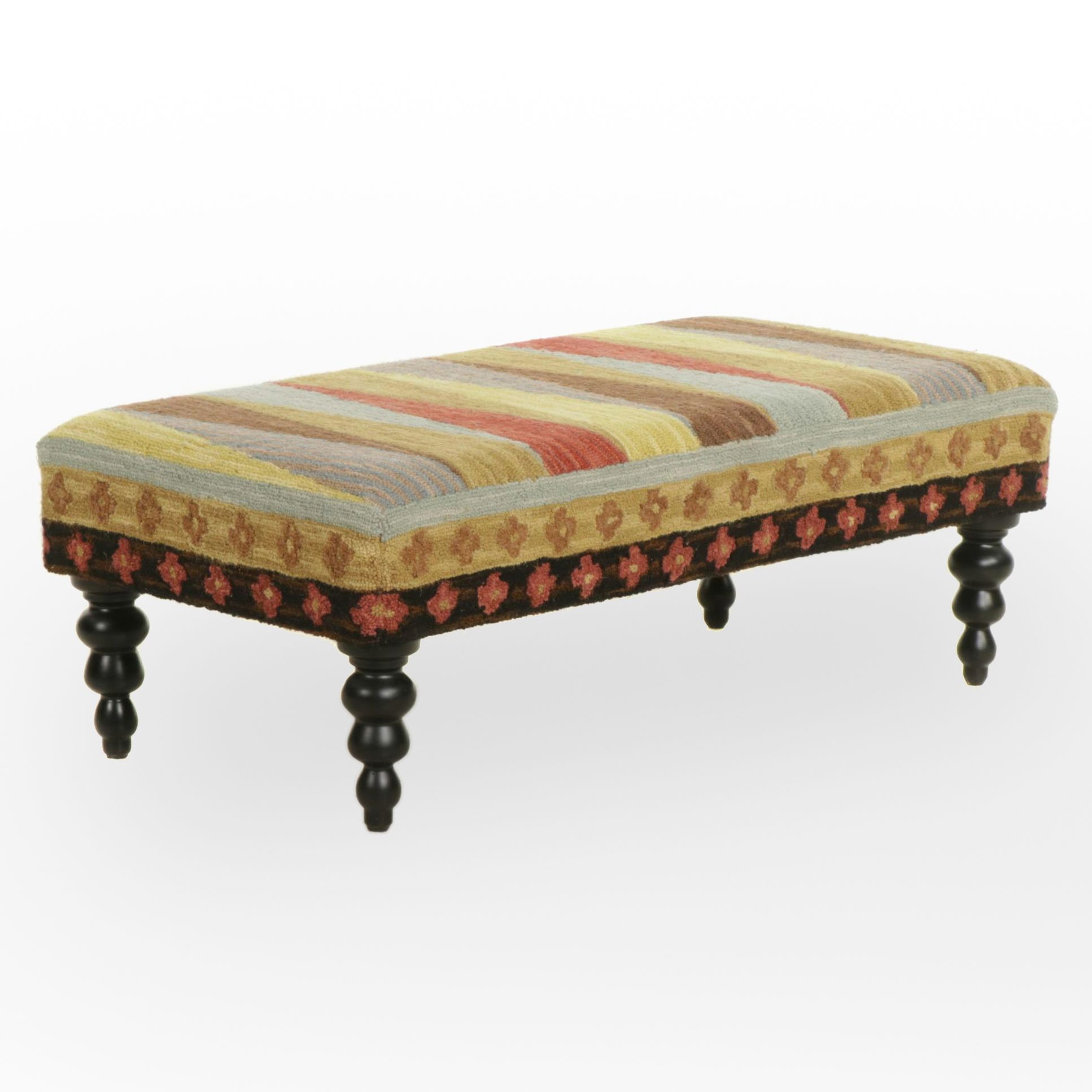 Ebonized Wood and Wool Rug Upholstered Bench Ottoman