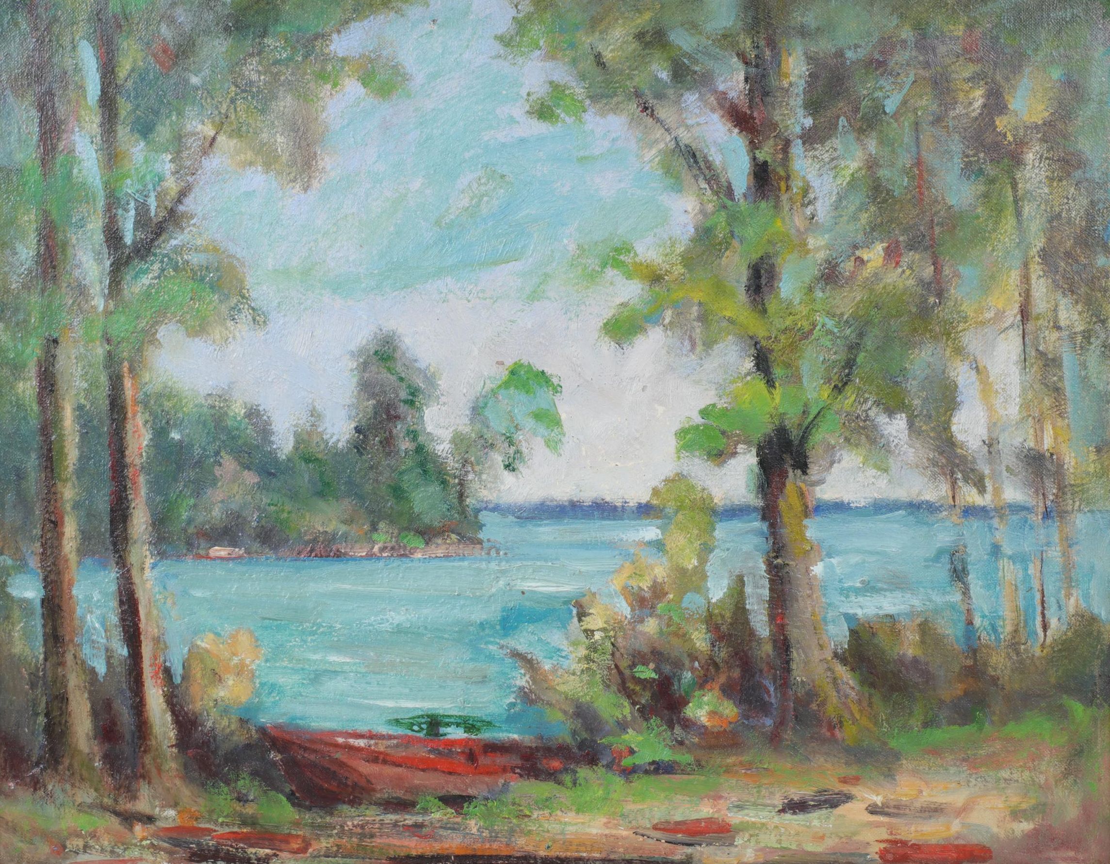 George Baom Landscape Oil Painting "Bay on Lake Michigan," Early to Mid 20th C.