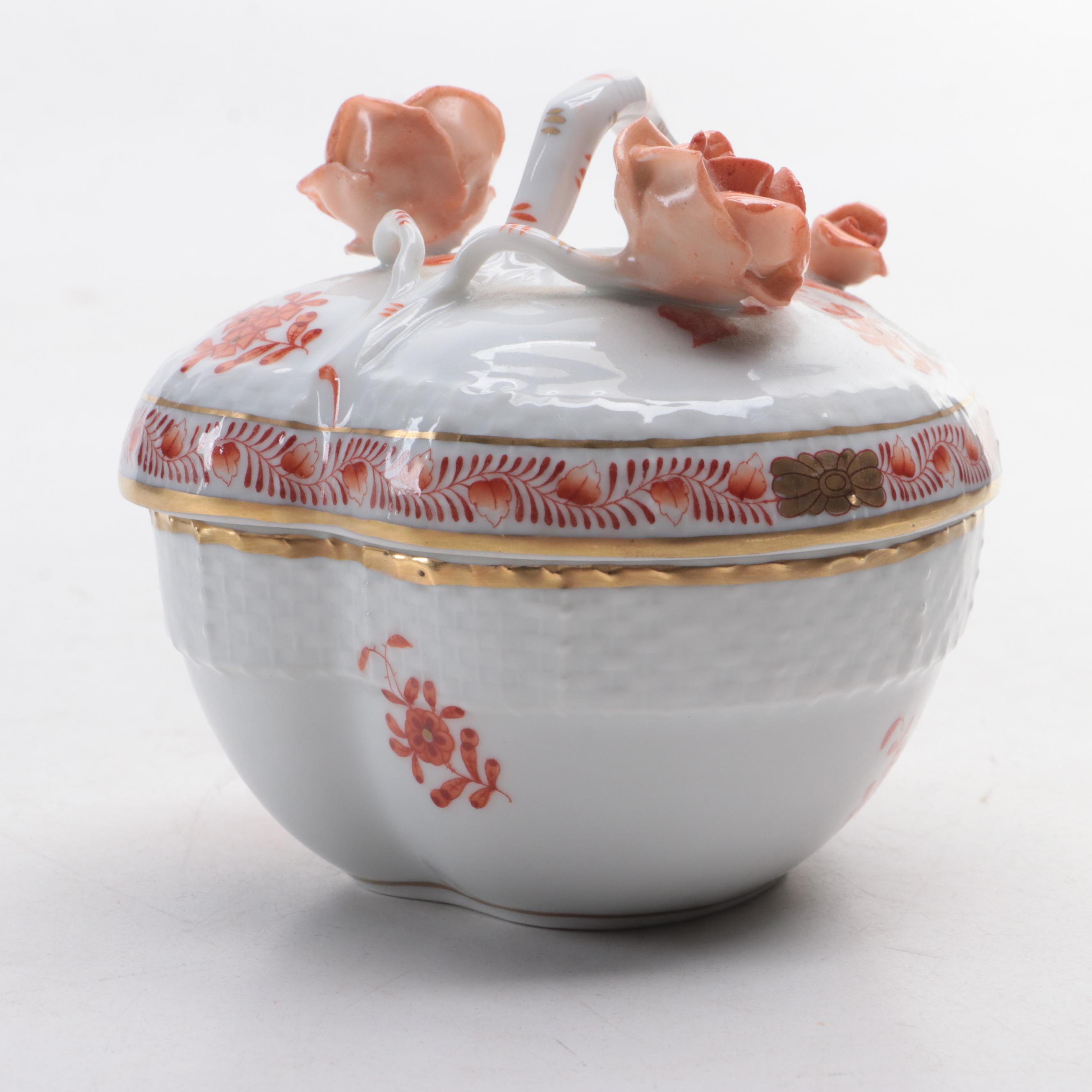 Herend Rust Fishnet with Gold "Lying Rabbit" Figurine and "Chinese Bouquet" Box