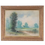 Ward Pastel Drawing of Bucolic Landscape with Trees and House