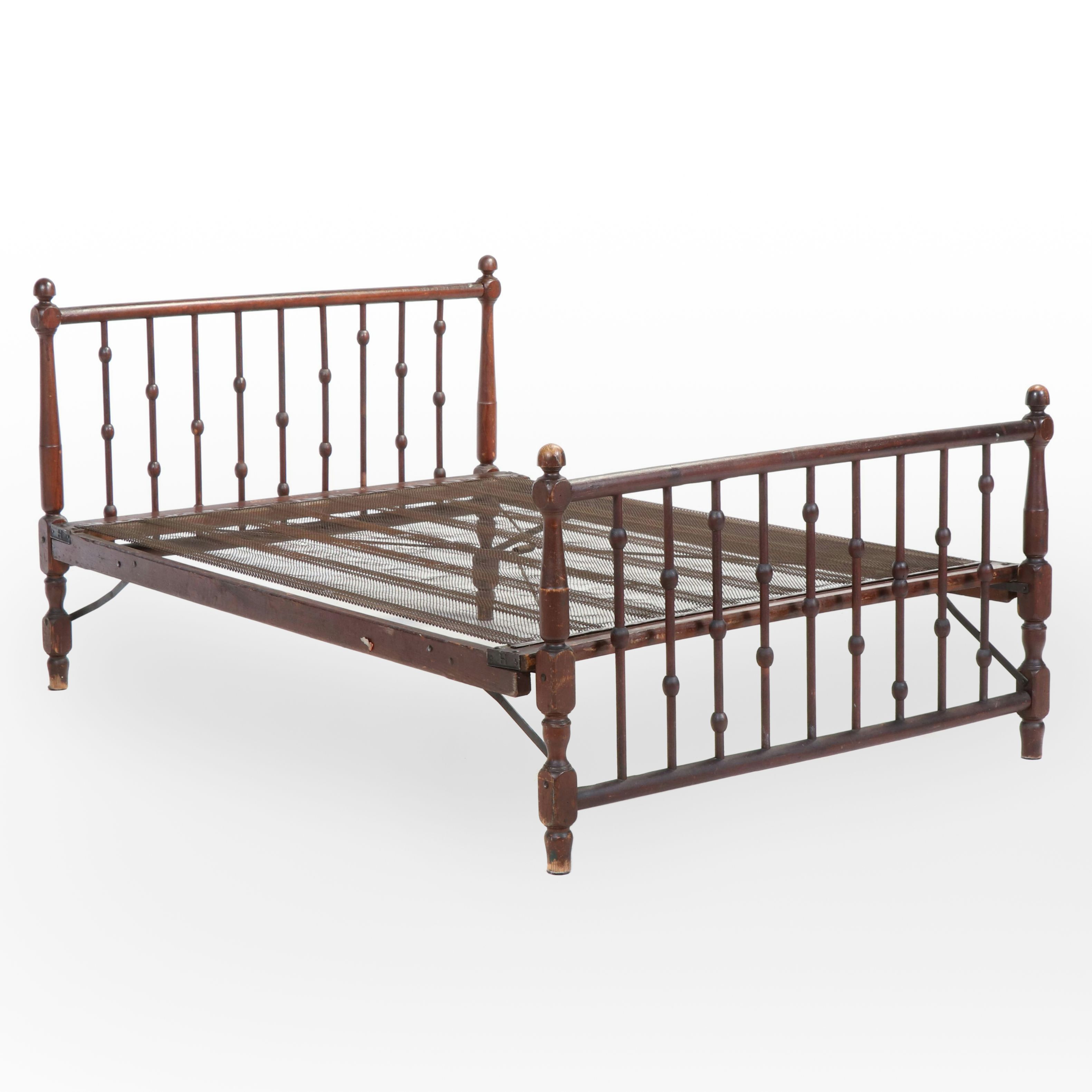 Victorian Pine Full Size Folding "Stick-and-Ball" Bed Frame, Late 19th Century