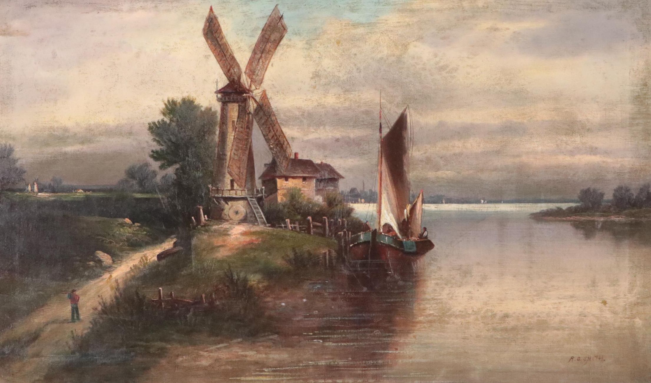 R.O. Smith Oil Painting of Coastal Landscape with Windmill