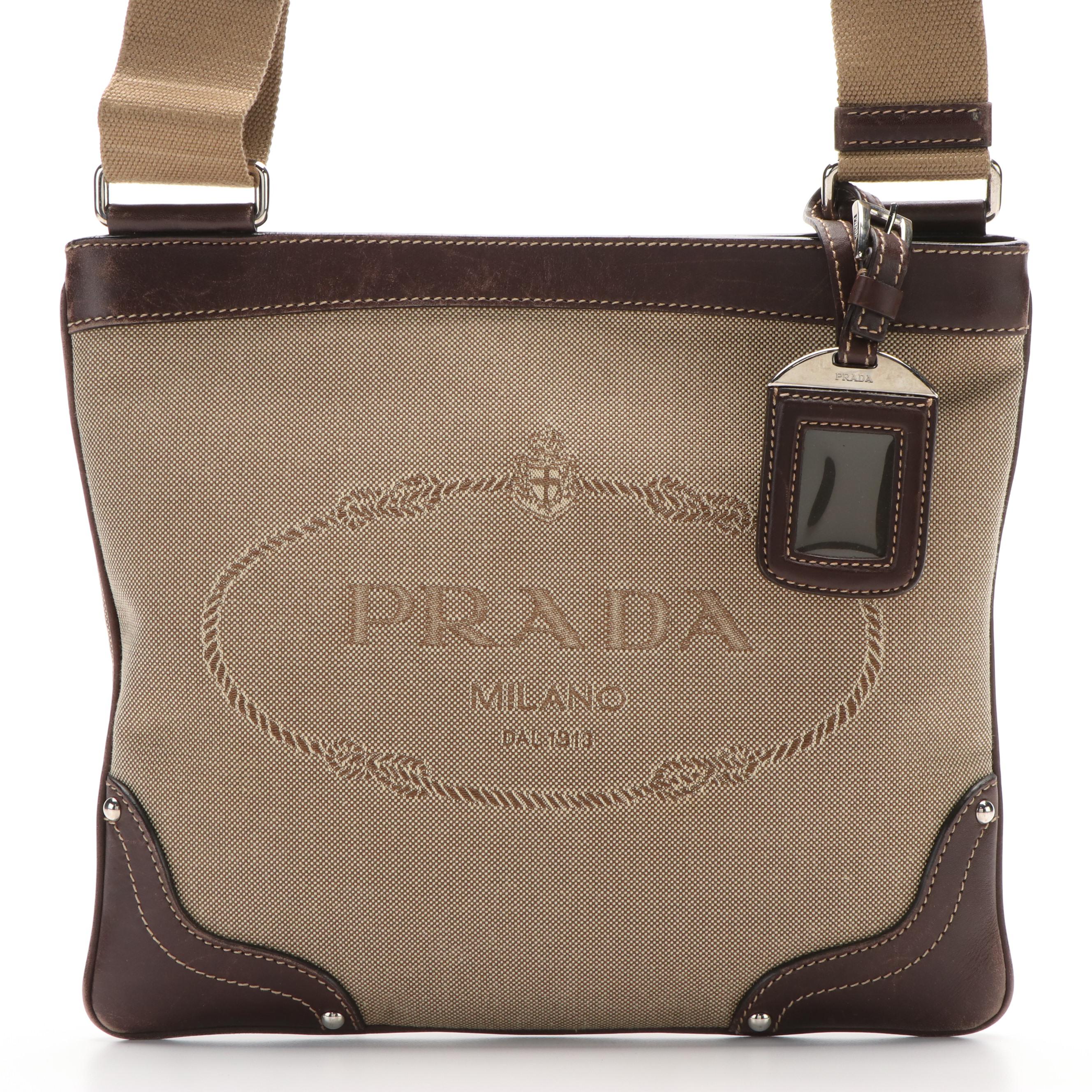 Prada Canapa Logo Crossbody Bag in Beige Canvas and Brown Leather
