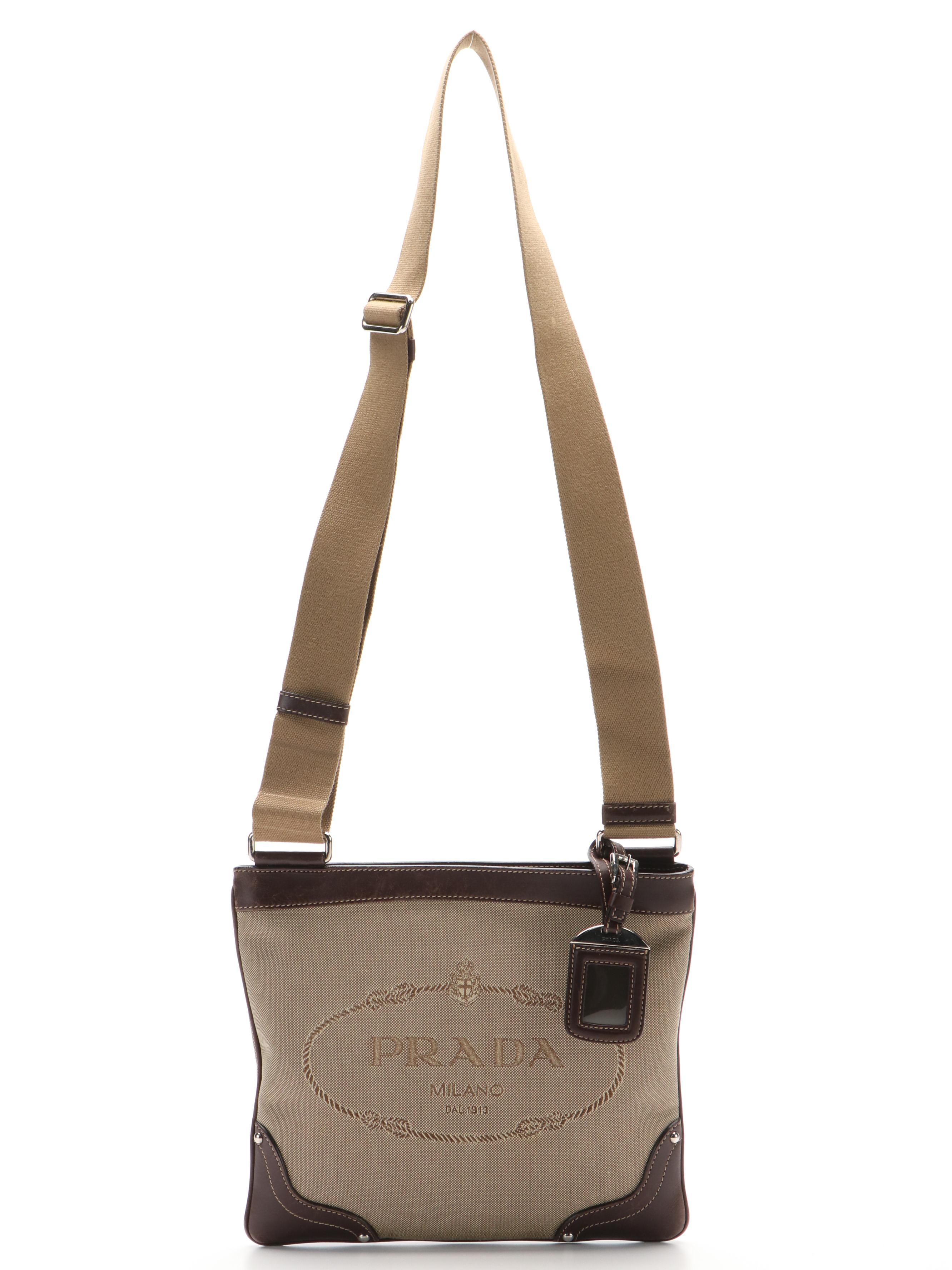 Prada Canapa Logo Crossbody Bag in Beige Canvas and Brown Leather
