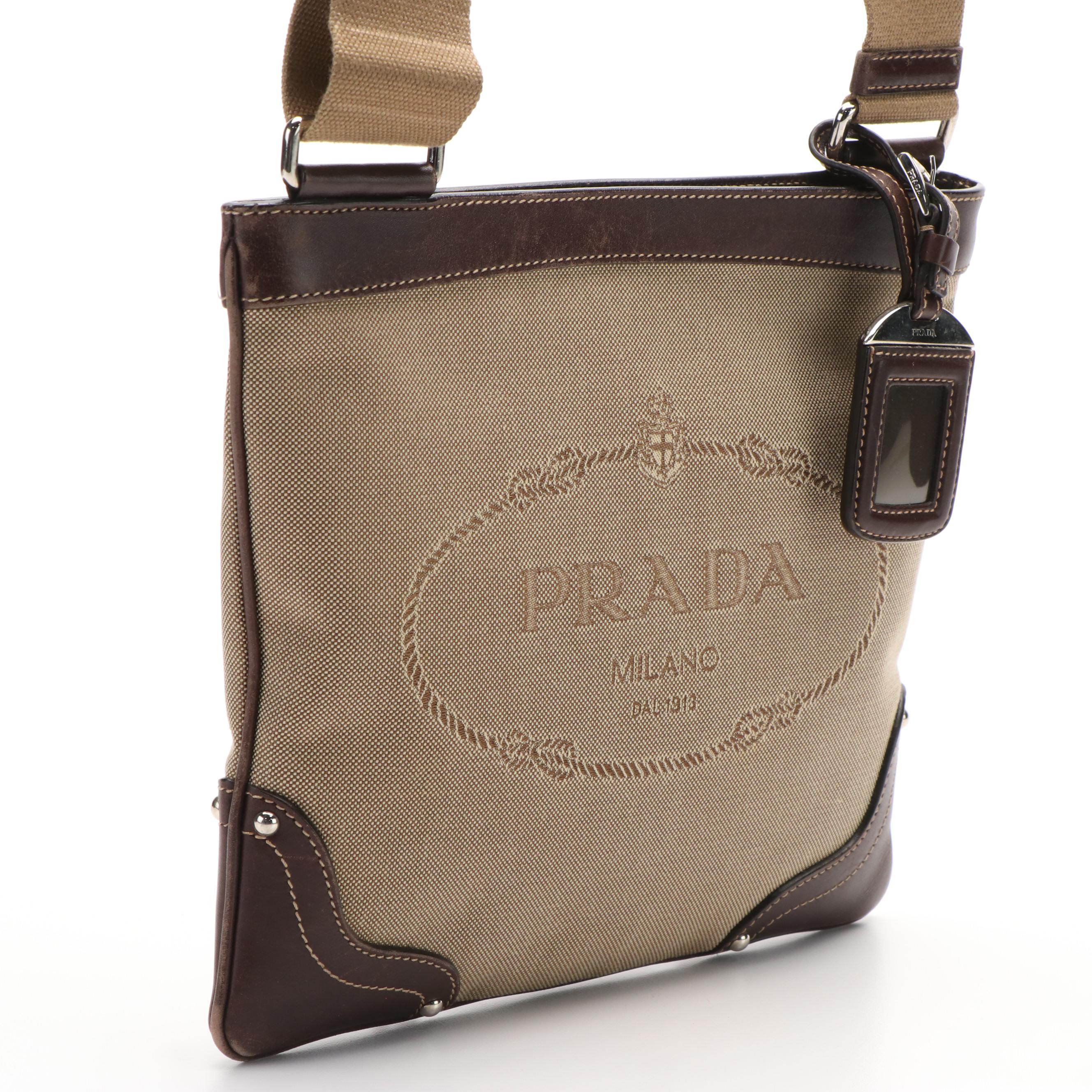 Prada Canapa Logo Crossbody Bag in Beige Canvas and Brown Leather