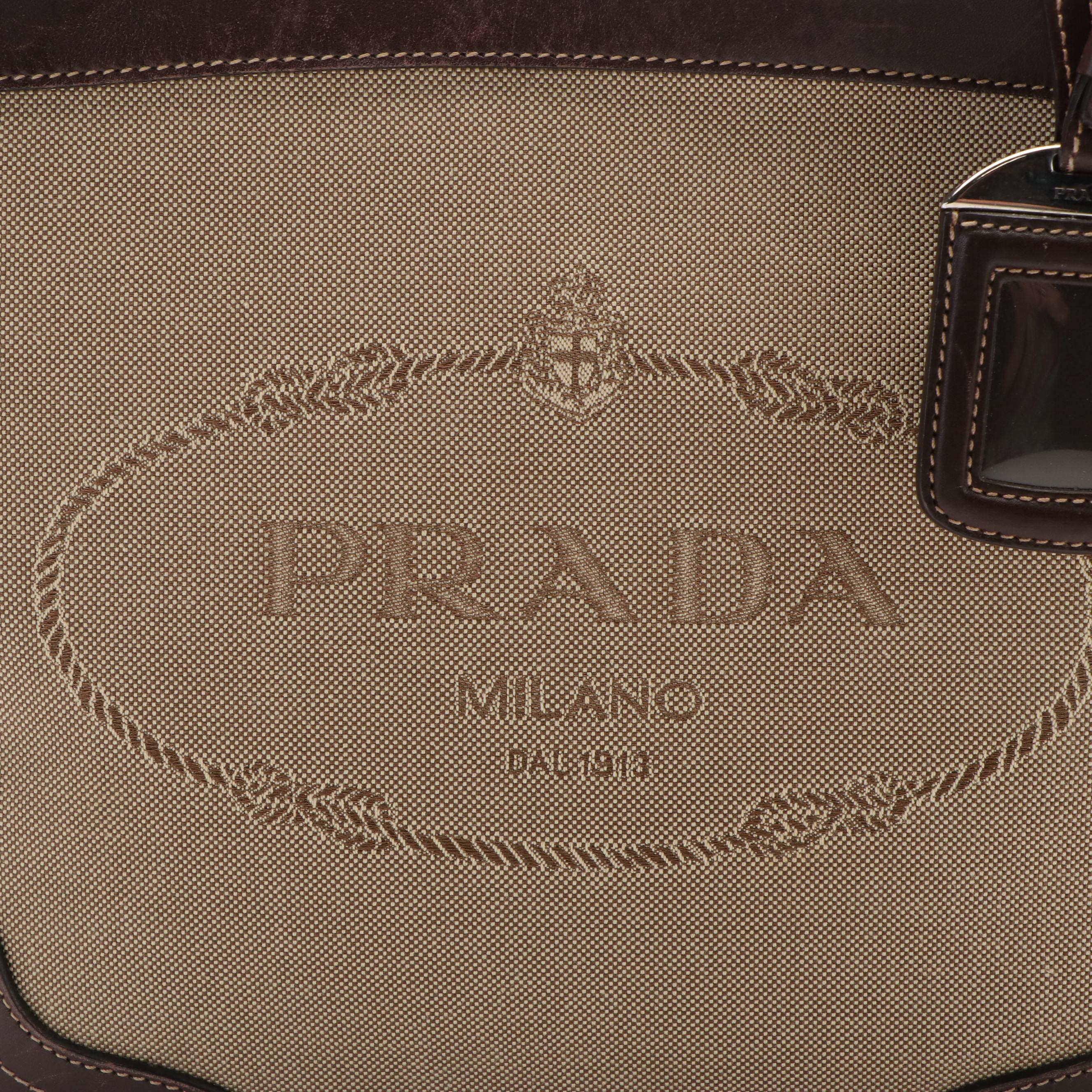 Prada Canapa Logo Crossbody Bag in Beige Canvas and Brown Leather