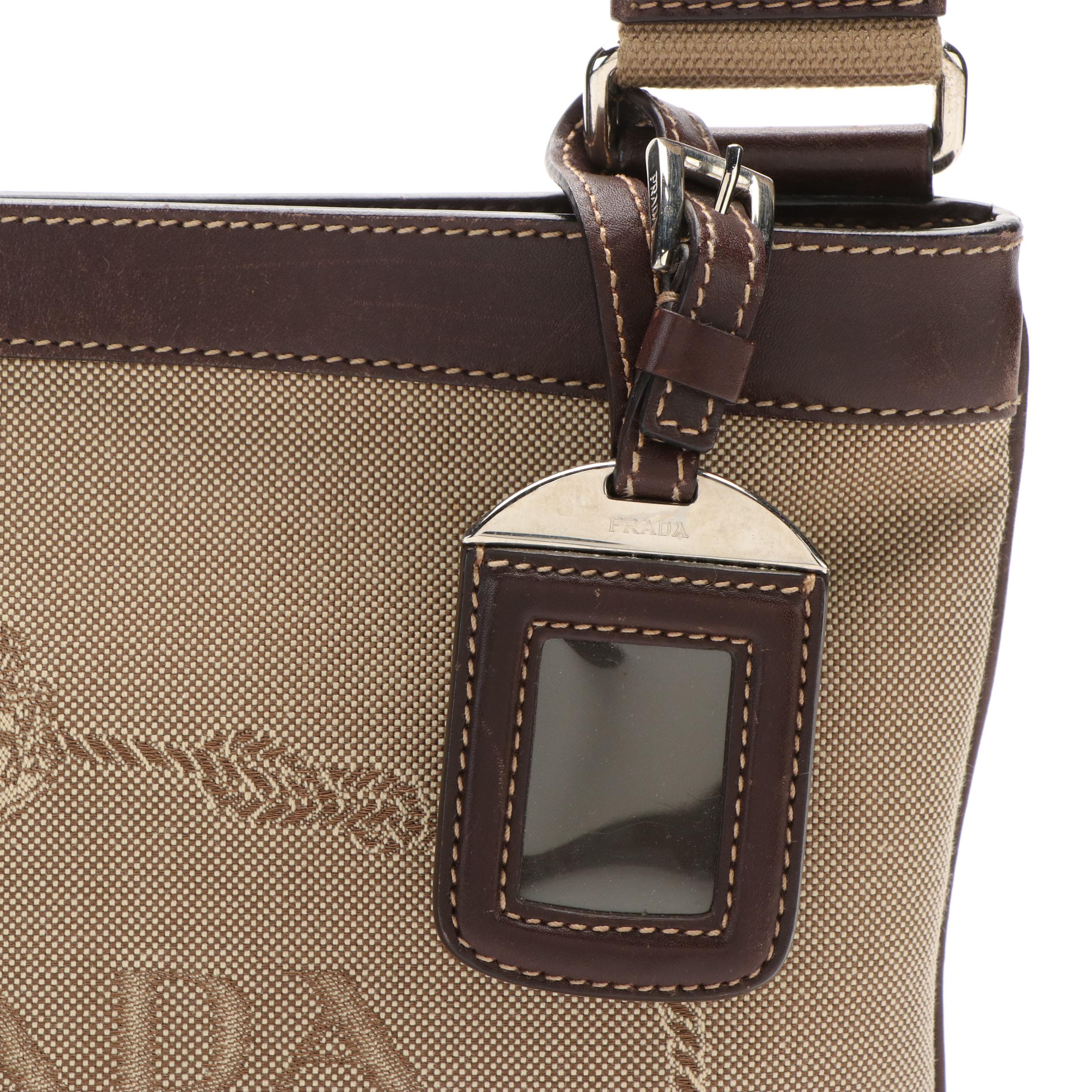 Prada Canapa Logo Crossbody Bag in Beige Canvas and Brown Leather