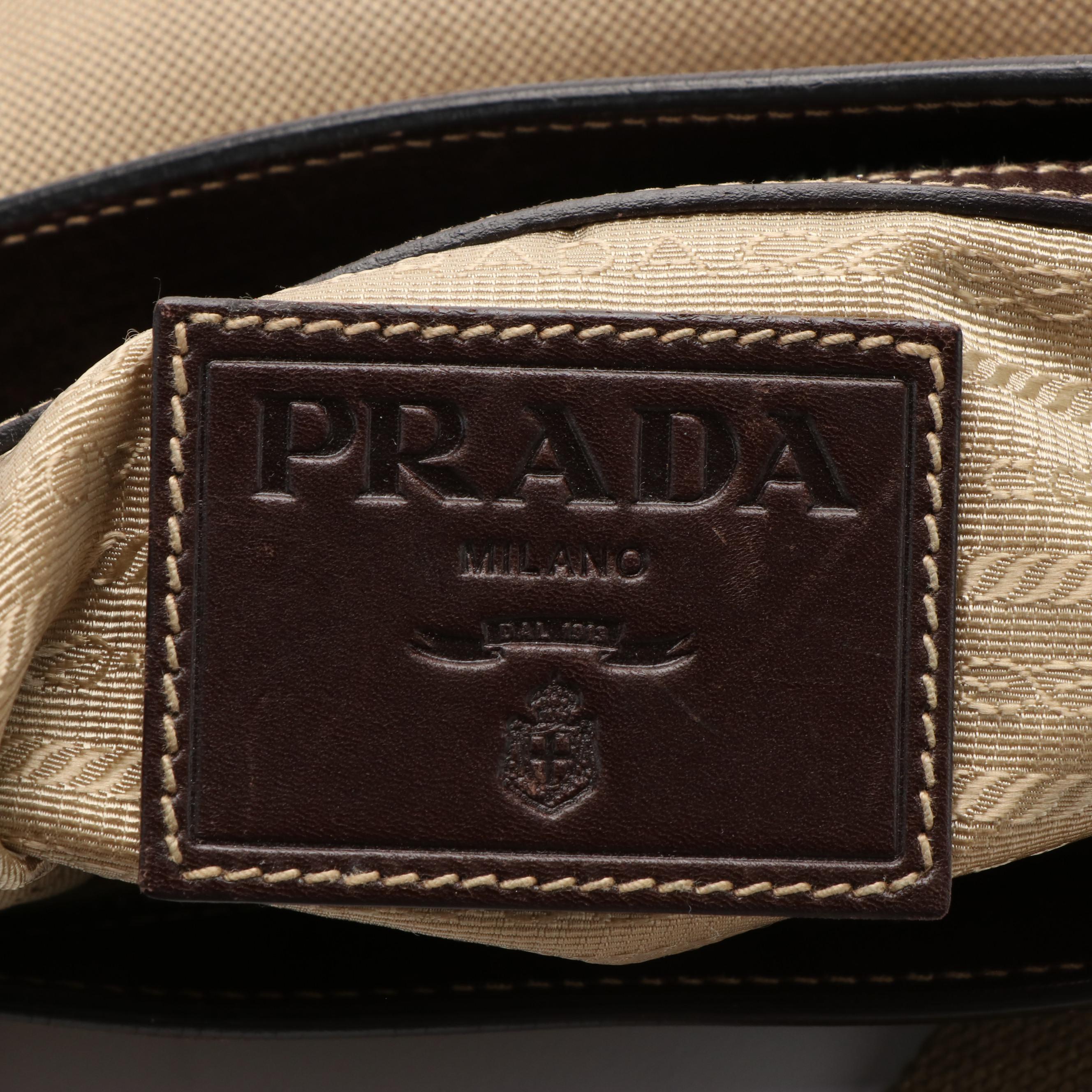 Prada Canapa Logo Crossbody Bag in Beige Canvas and Brown Leather