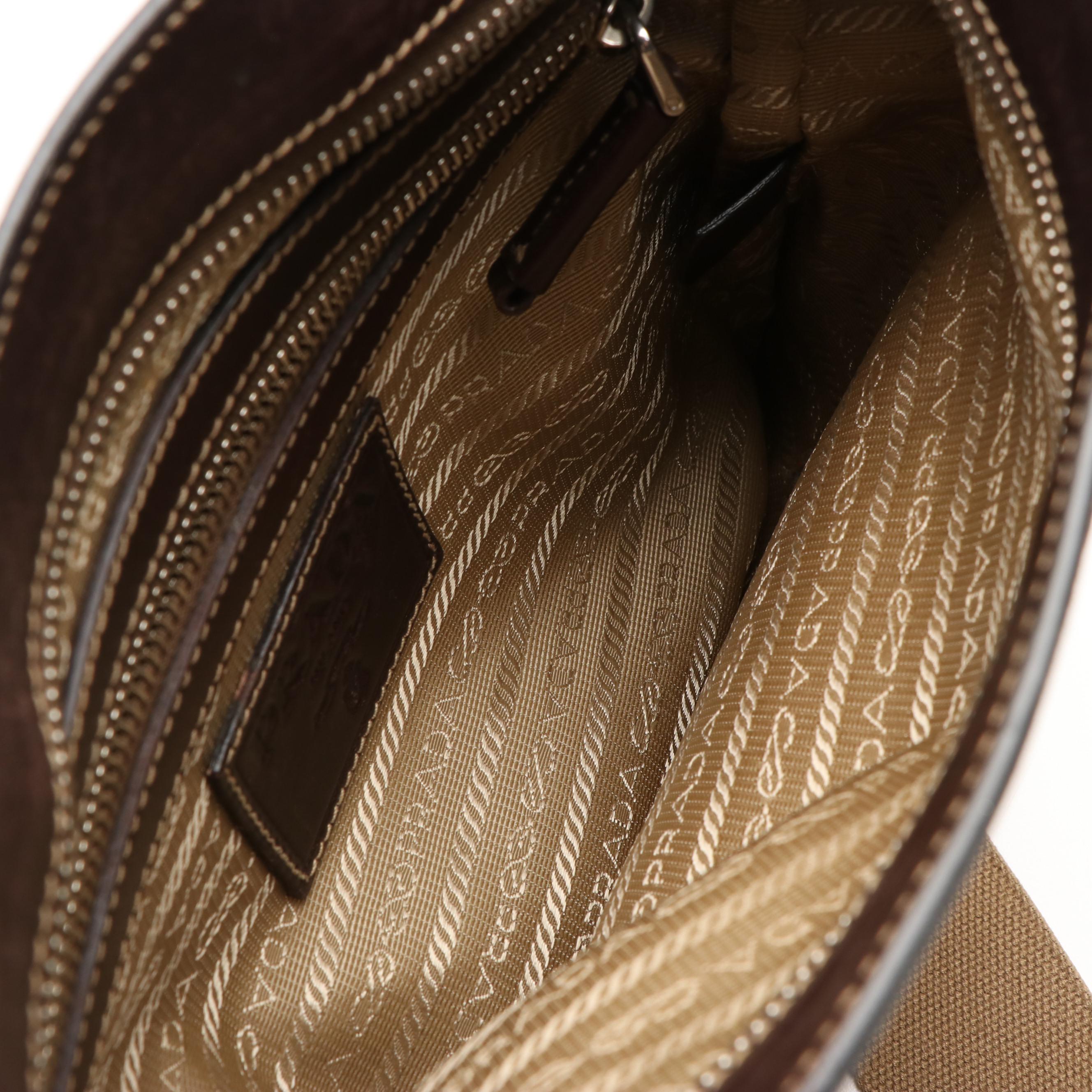 Prada Canapa Logo Crossbody Bag in Beige Canvas and Brown Leather