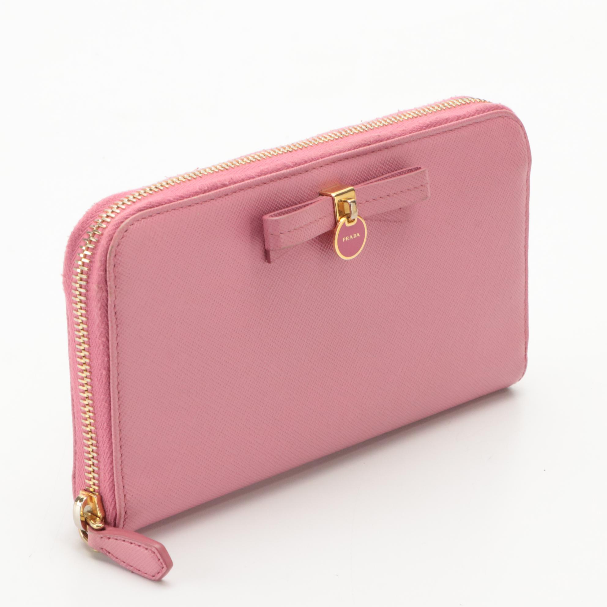Prada Ribbon Bow Zip-Around Wallet in Pink Saffiano Leather