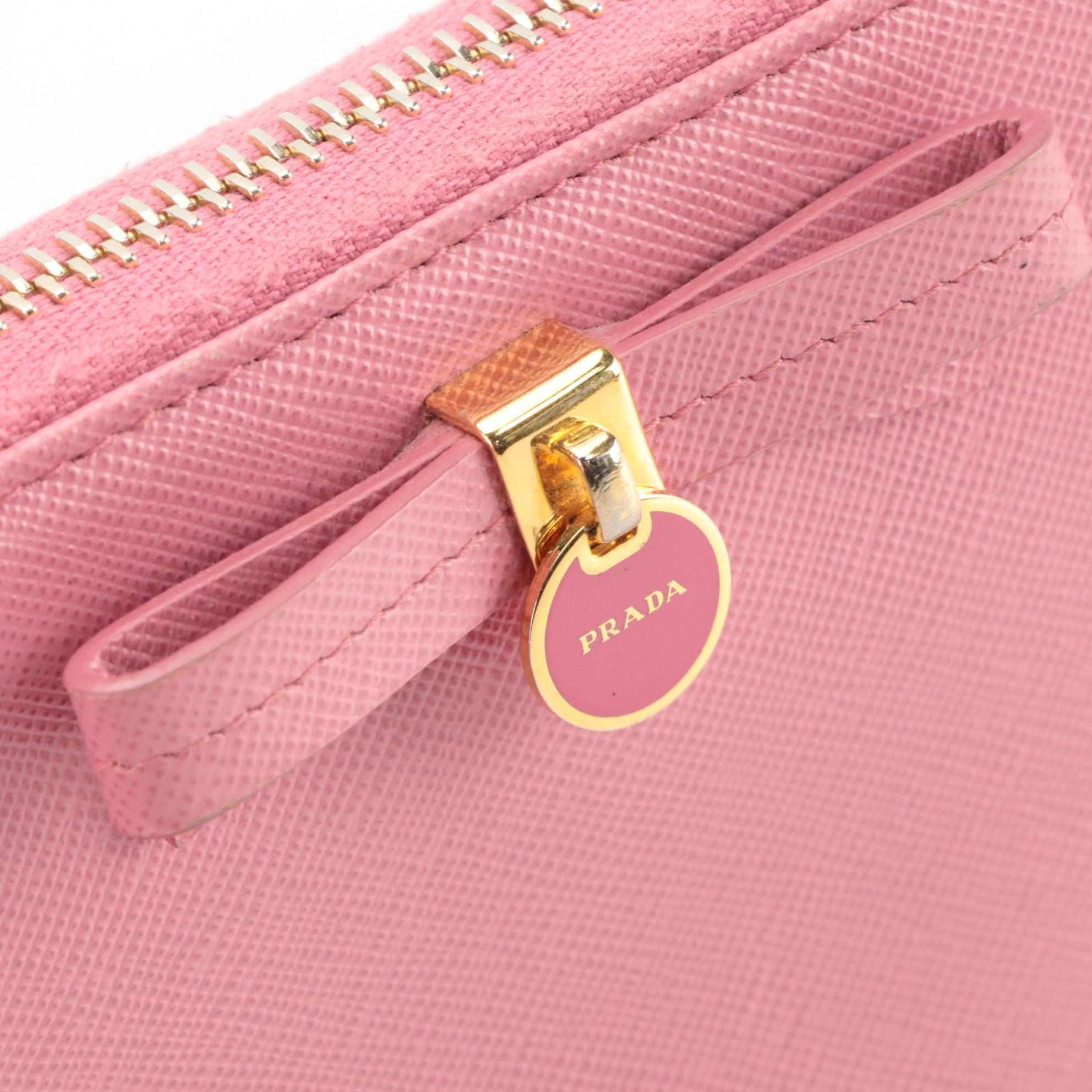 Prada Ribbon Bow Zip-Around Wallet in Pink Saffiano Leather