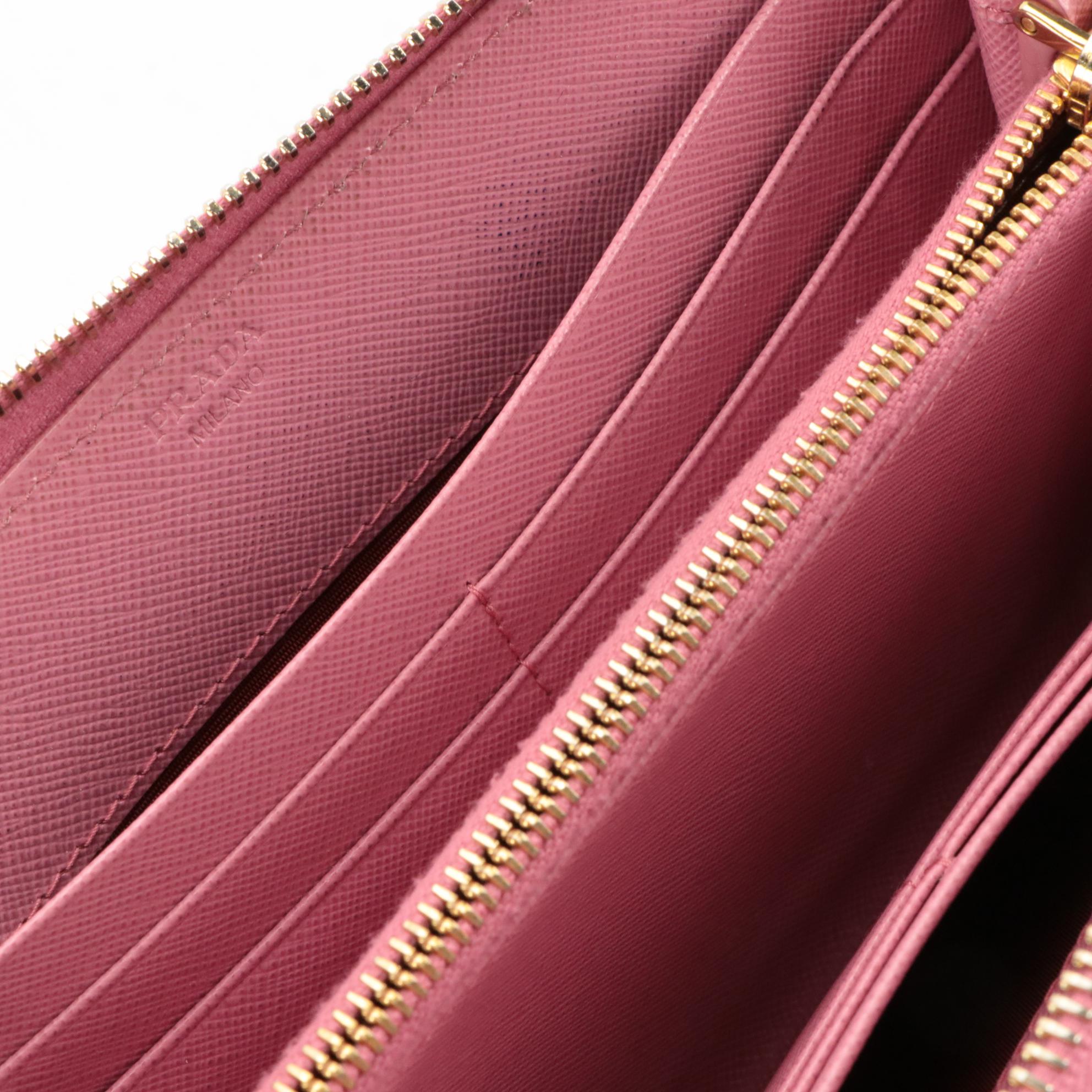 Prada Ribbon Bow Zip-Around Wallet in Pink Saffiano Leather