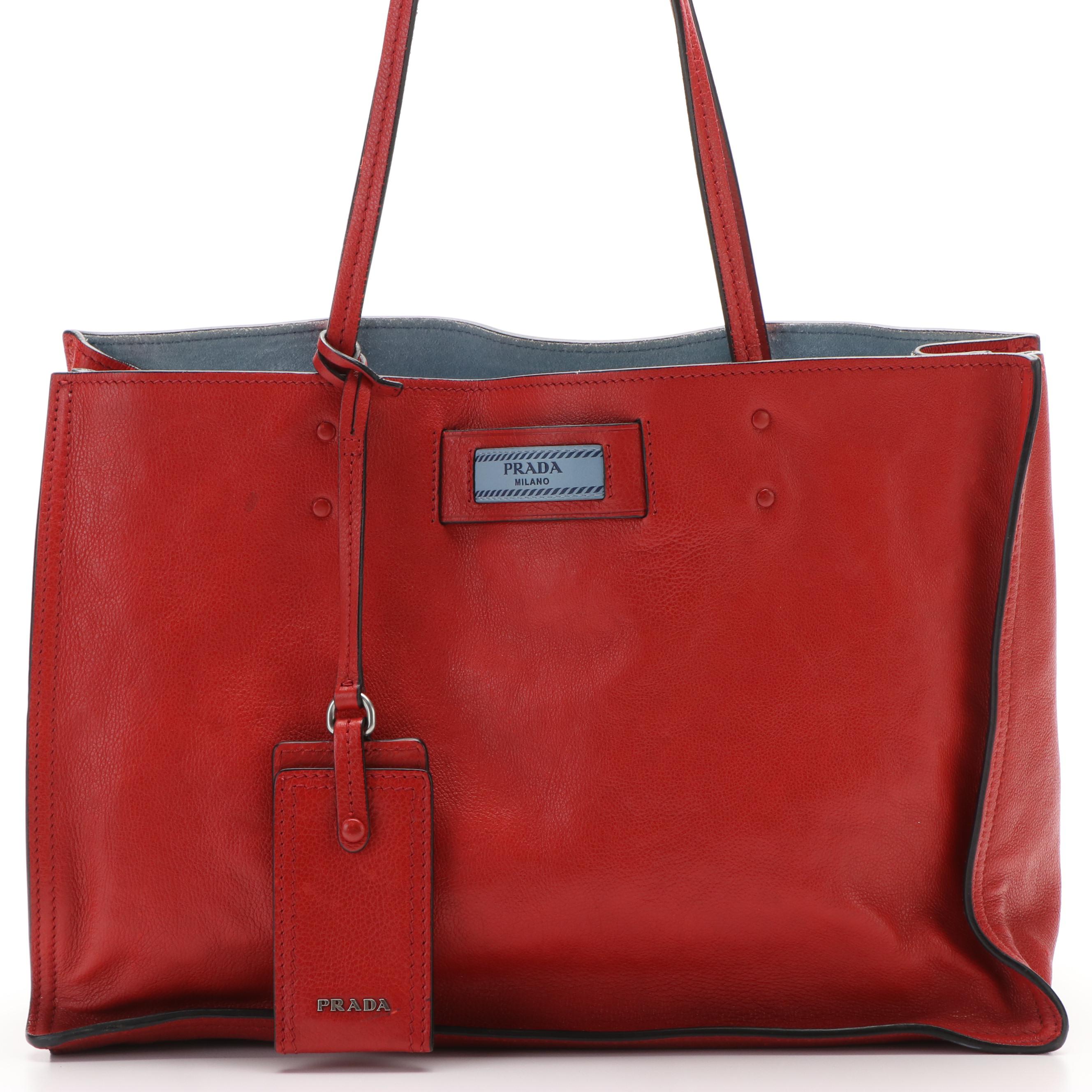 Prada Etiquette Tote Bag in Red Leather and Blue Suede