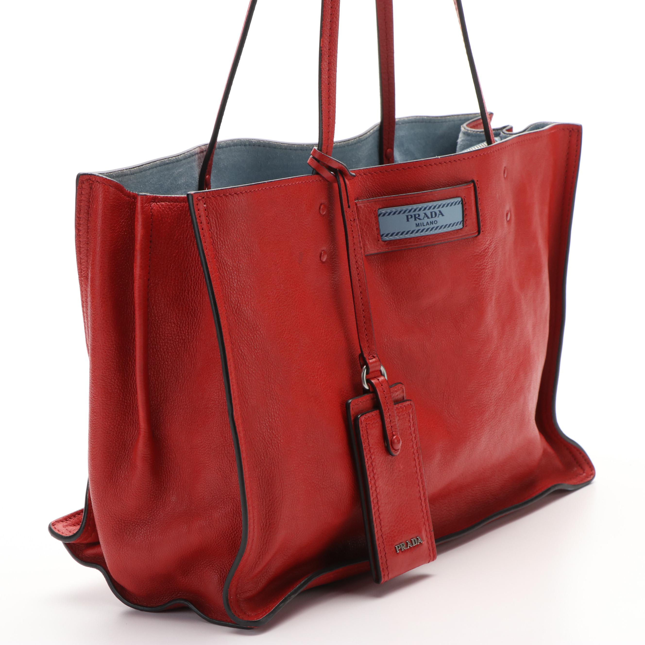 Prada Etiquette Tote Bag in Red Leather and Blue Suede