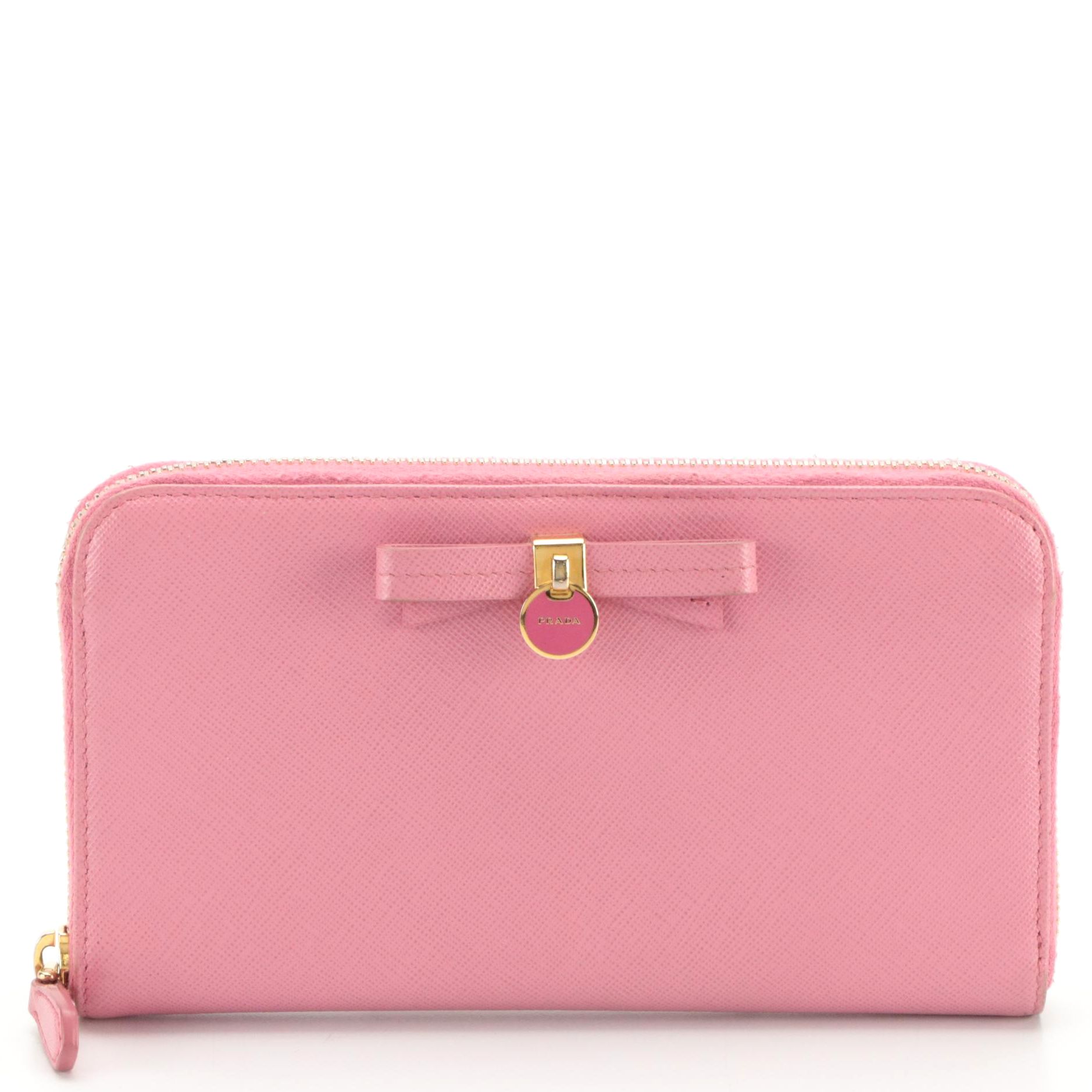 Prada Ribbon Bow Zip-Around Wallet in Pink Saffiano Leather