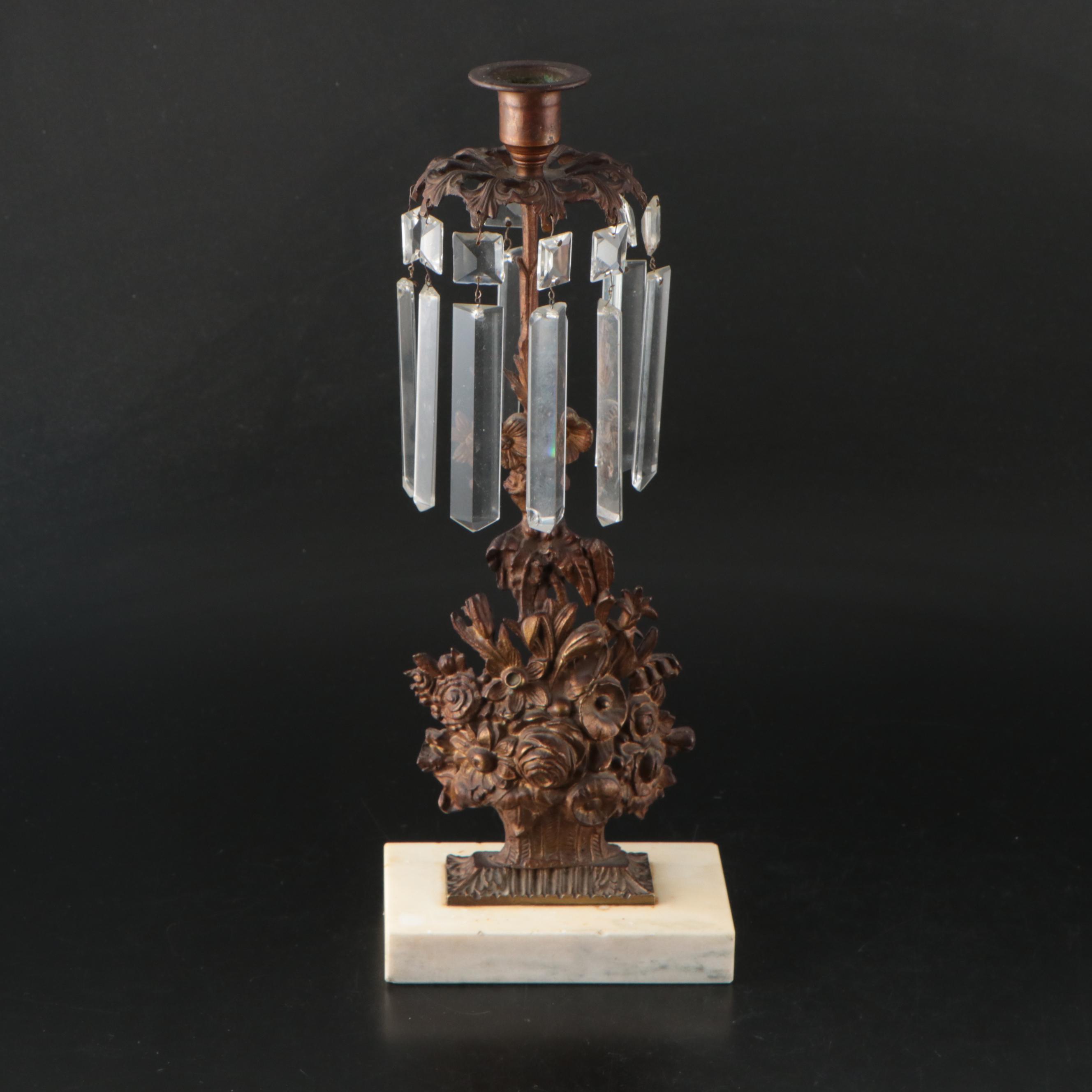 Victorian Gilt Metal Flower Basket Mantel Lusters, Mid to Late 19th Century