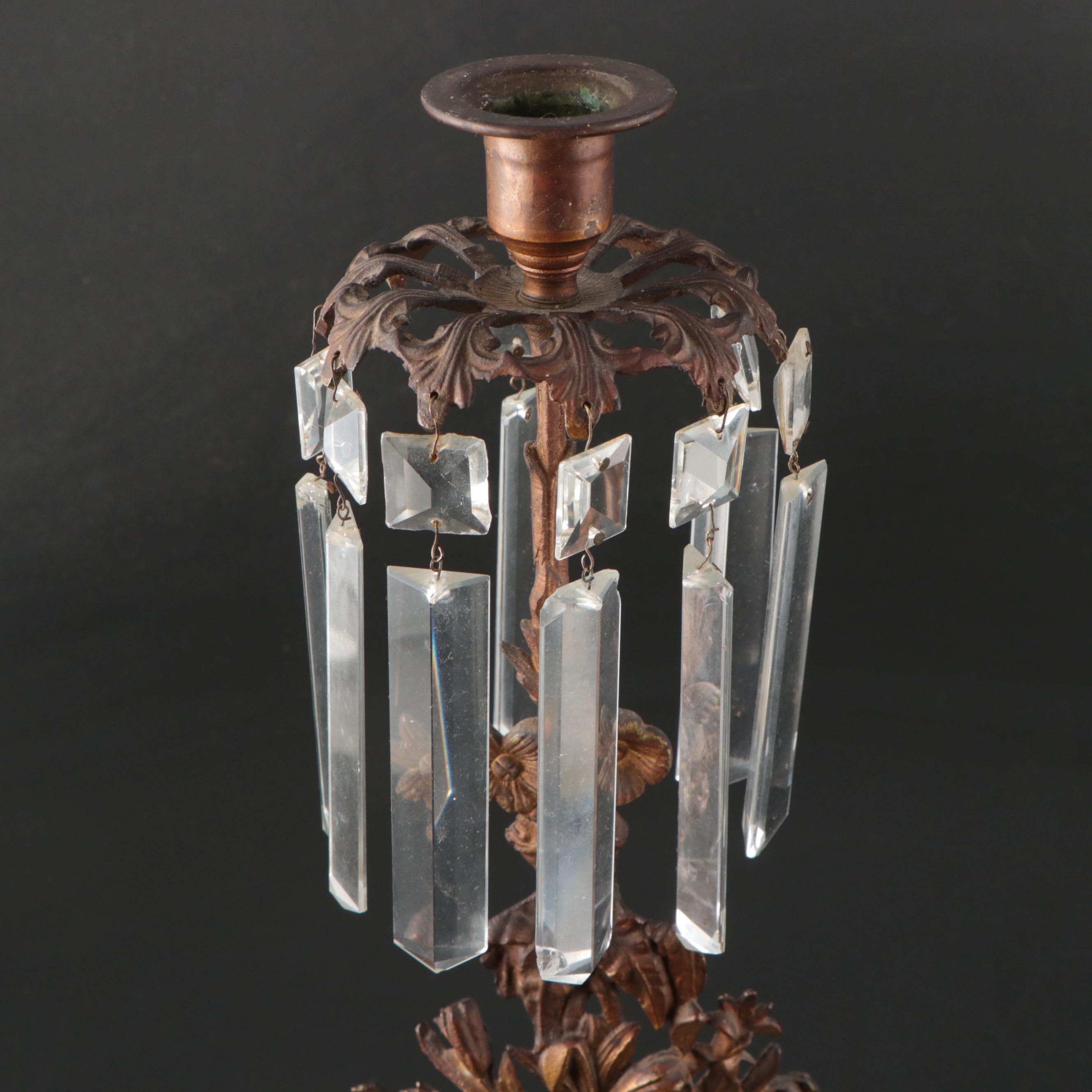 Victorian Gilt Metal Flower Basket Mantel Lusters, Mid to Late 19th Century