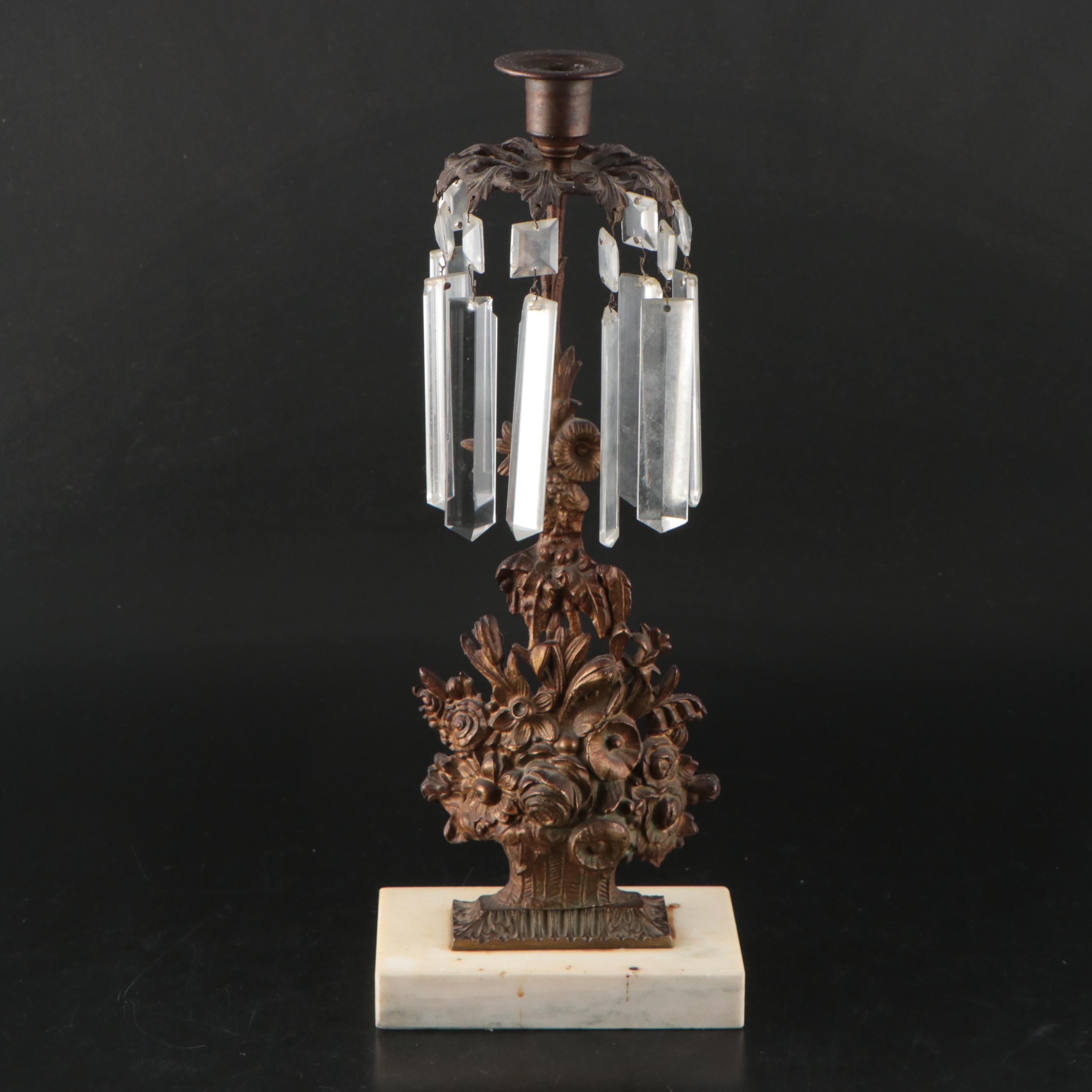 Victorian Gilt Metal Flower Basket Mantel Lusters, Mid to Late 19th Century