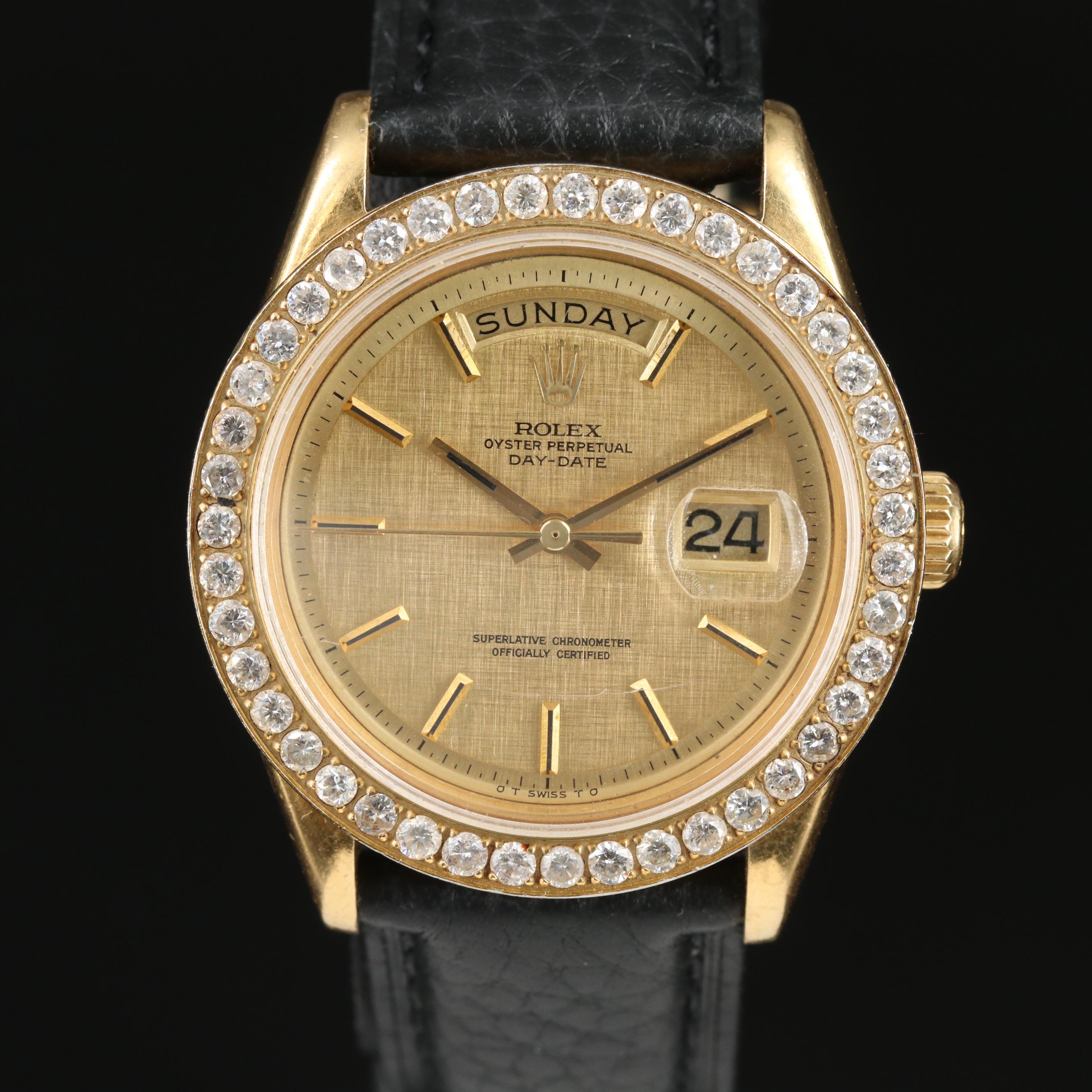 1972 Rolex Day-Date 2.00 CTW Custom Diamond Bezel 18K Gold Watch