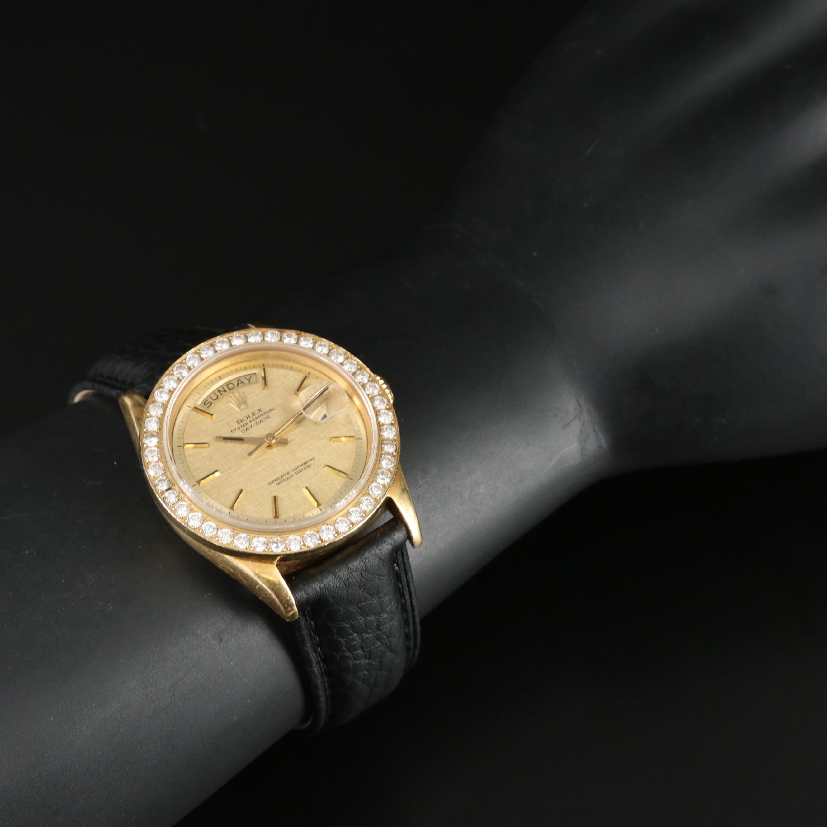 1972 Rolex Day-Date 2.00 CTW Custom Diamond Bezel 18K Gold Watch