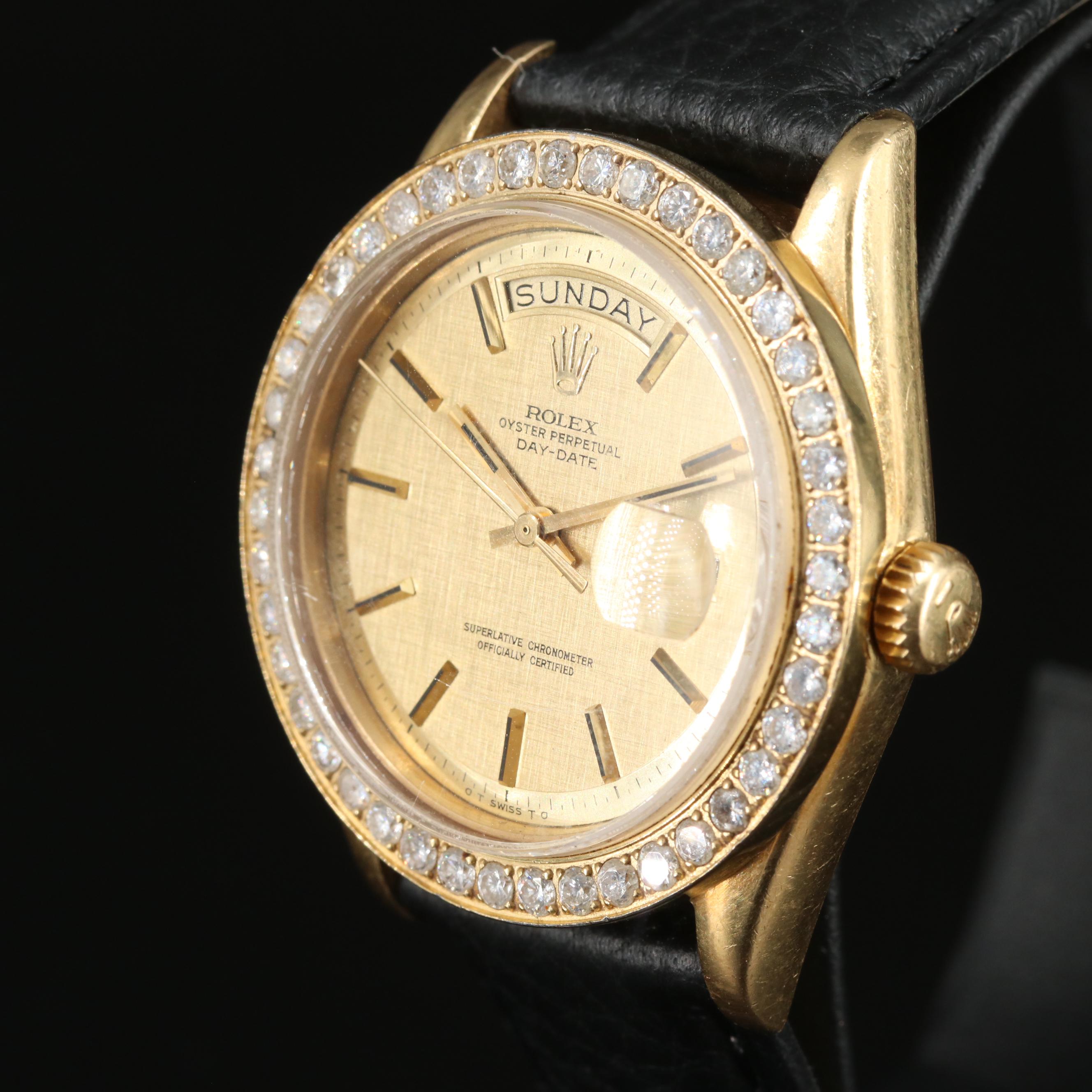 1972 Rolex Day-Date 2.00 CTW Custom Diamond Bezel 18K Gold Watch