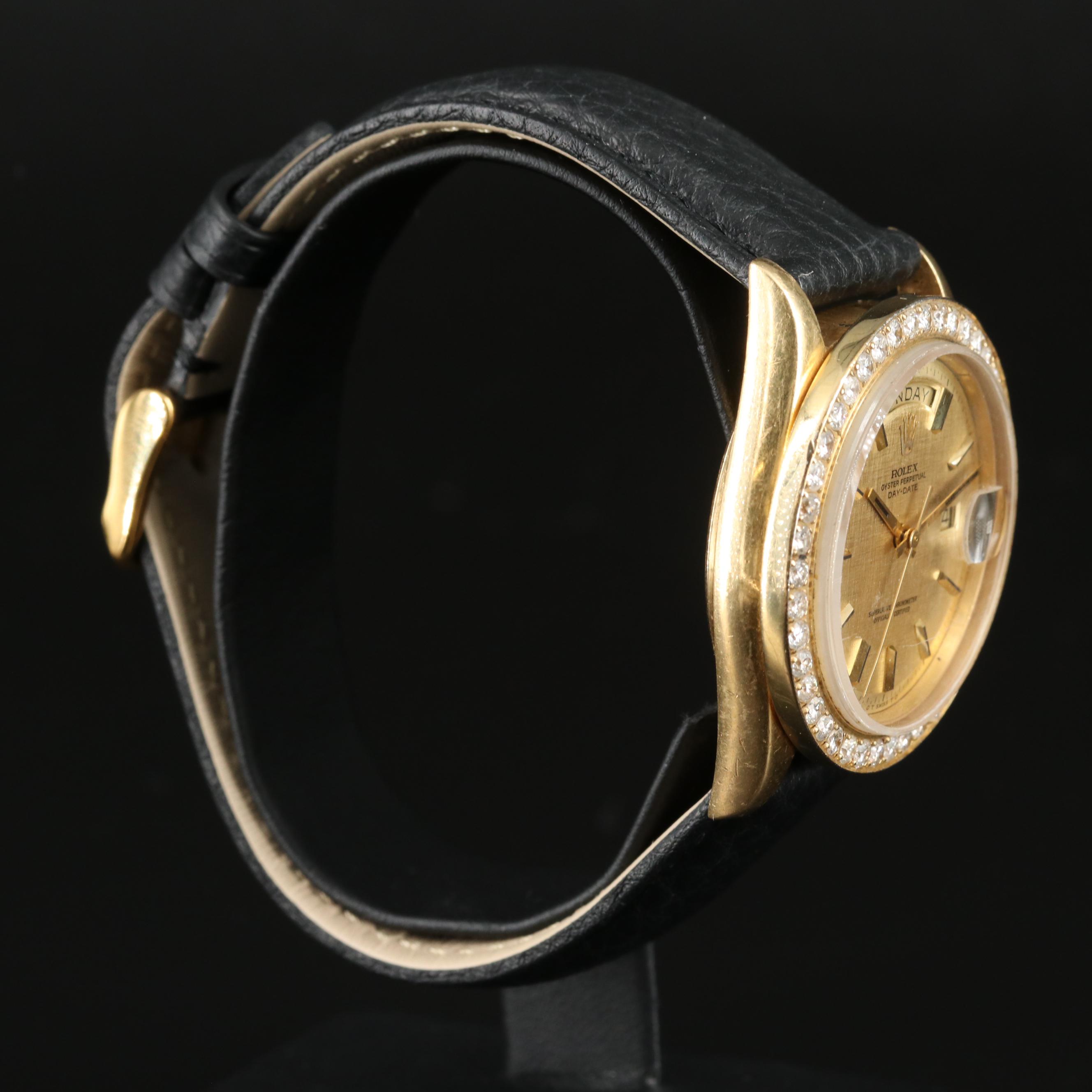 1972 Rolex Day-Date 2.00 CTW Custom Diamond Bezel 18K Gold Watch