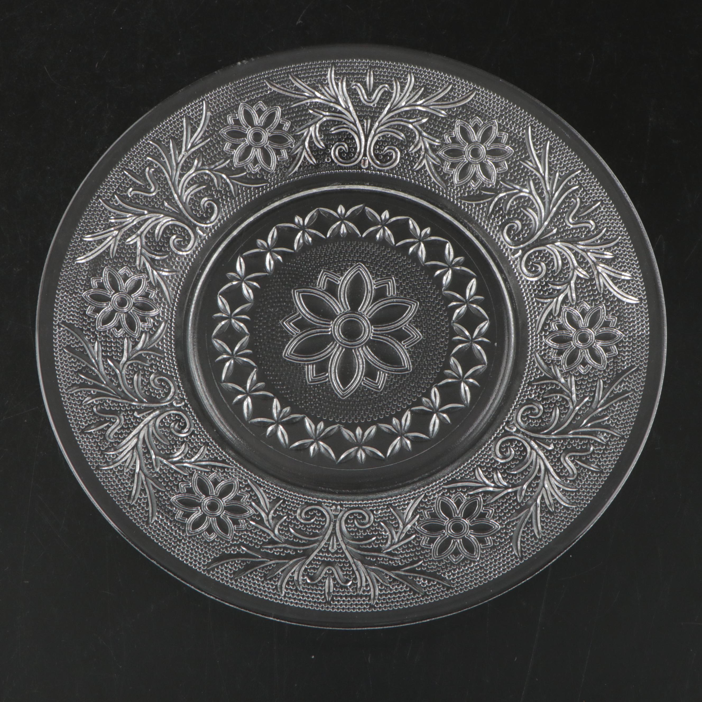 Floral Motif Pressed Glass Plates with Candy Dish and Serving Bowl, Vintage