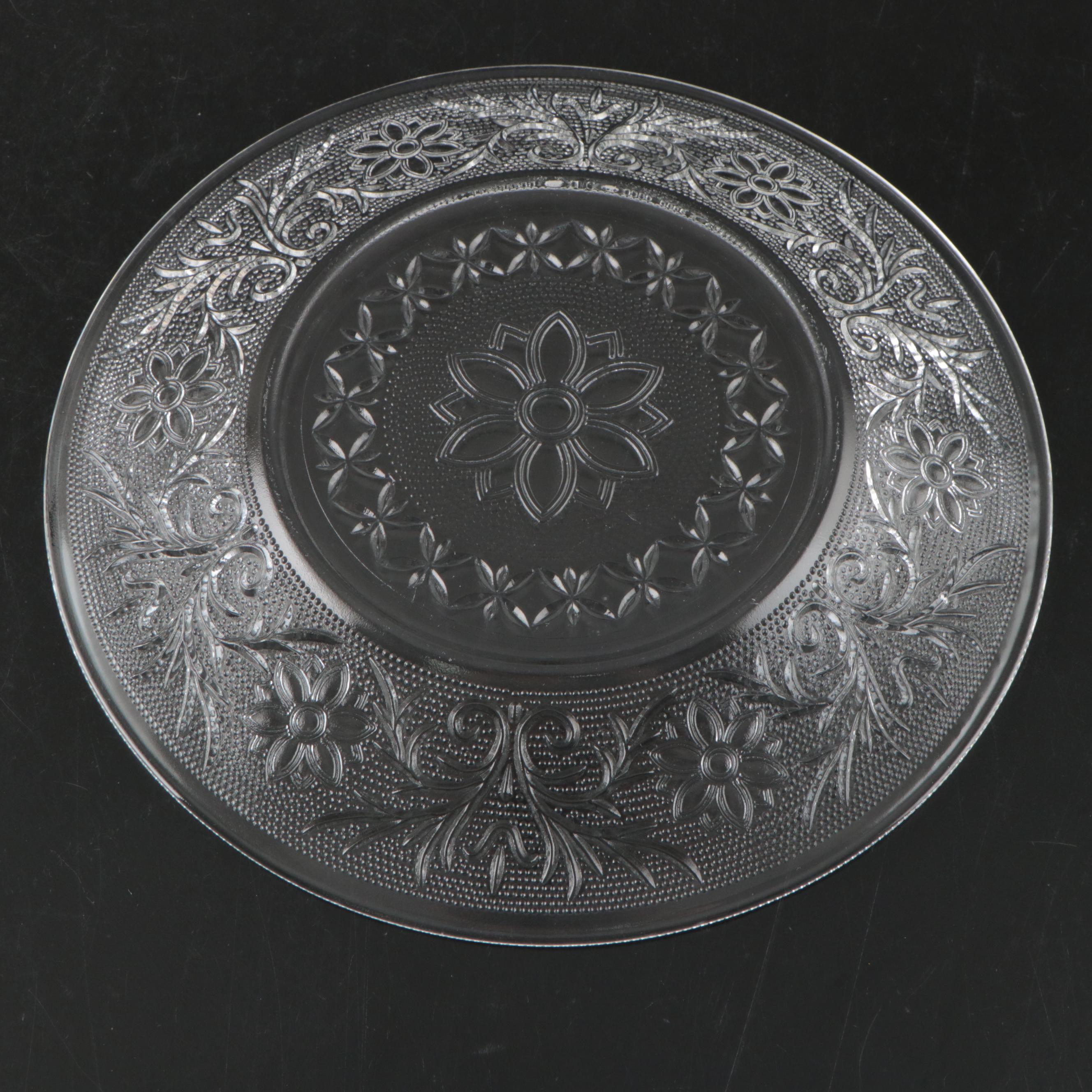 Floral Motif Pressed Glass Plates with Candy Dish and Serving Bowl, Vintage