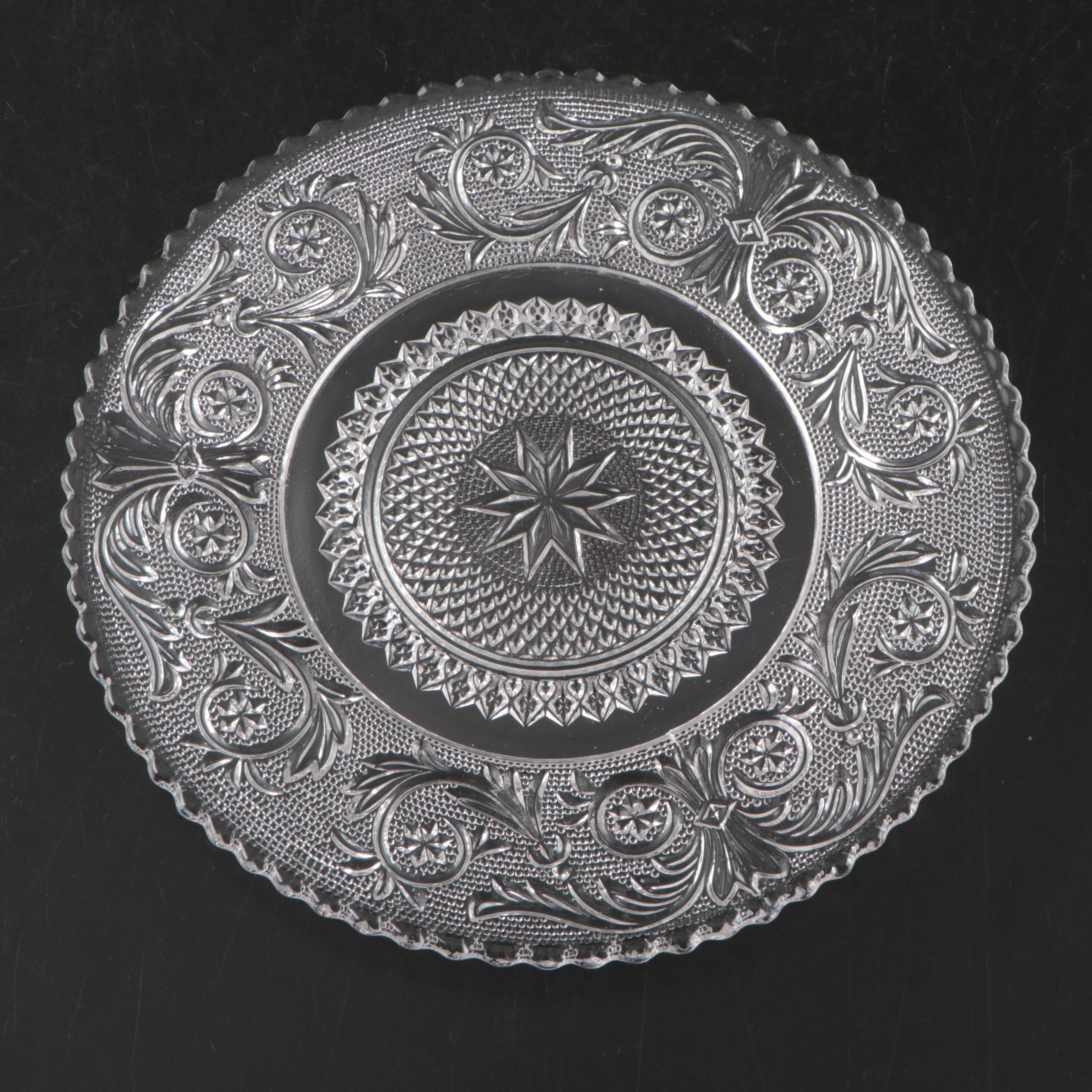 Floral Motif Pressed Glass Plates with Candy Dish and Serving Bowl, Vintage