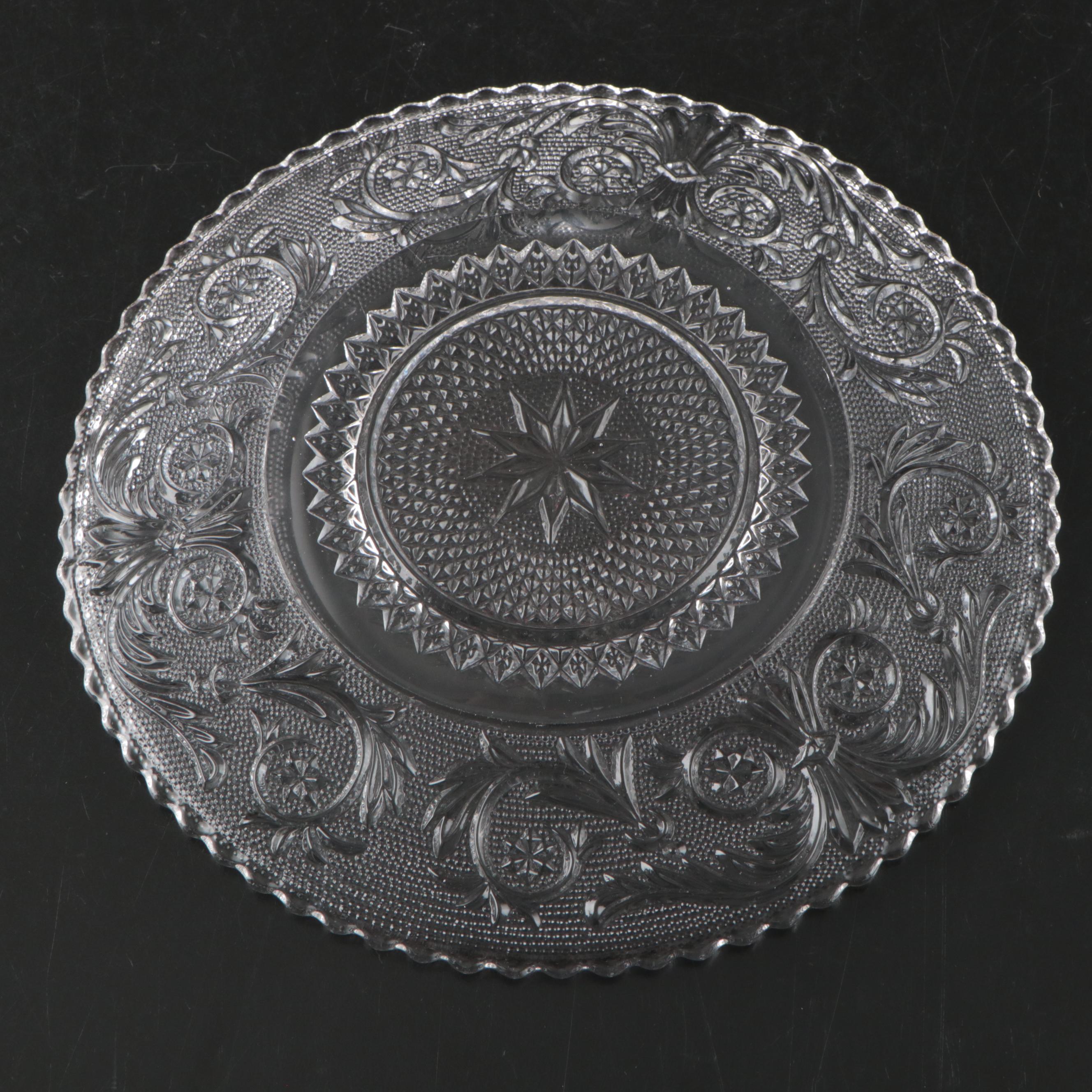 Floral Motif Pressed Glass Plates with Candy Dish and Serving Bowl, Vintage