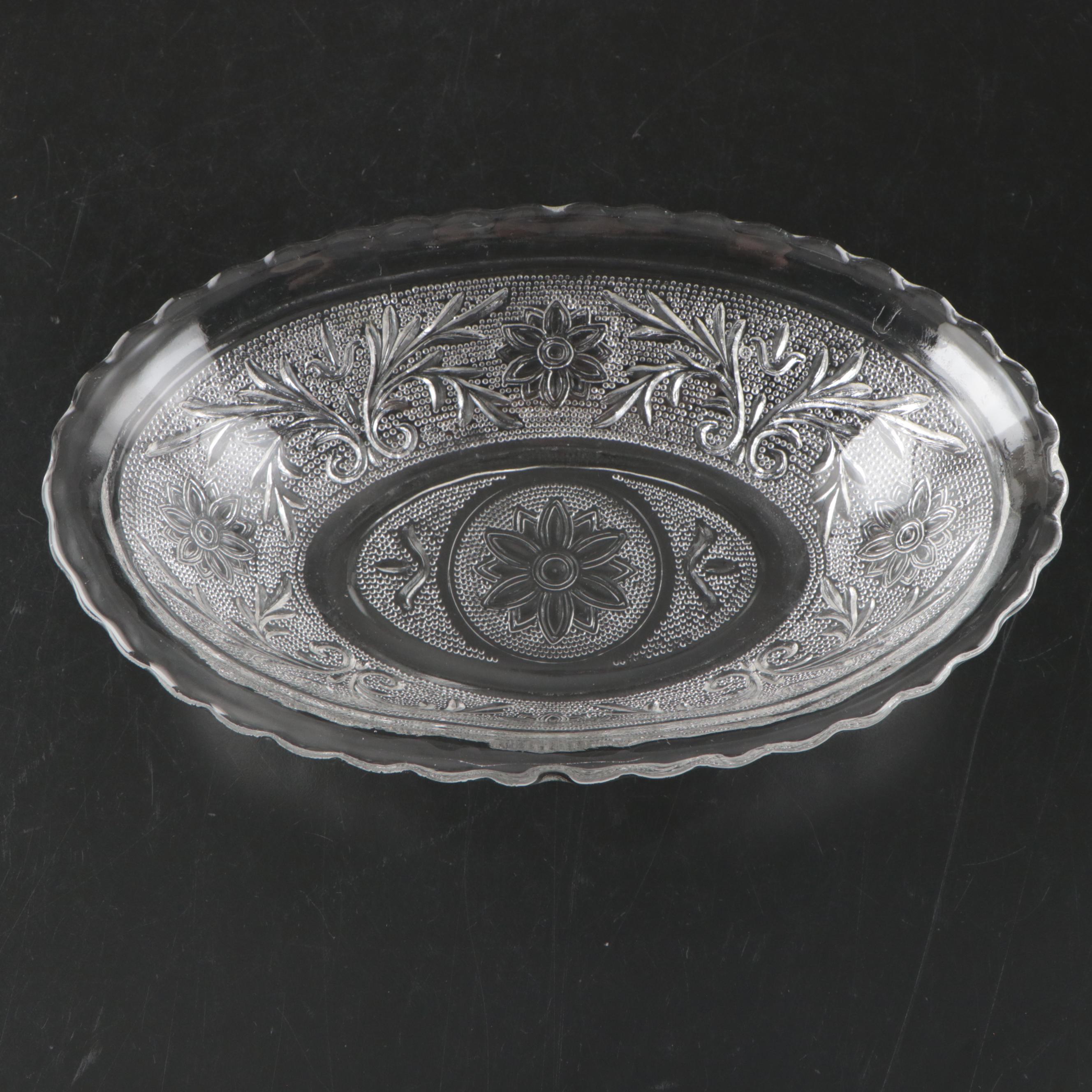 Floral Motif Pressed Glass Plates with Candy Dish and Serving Bowl, Vintage