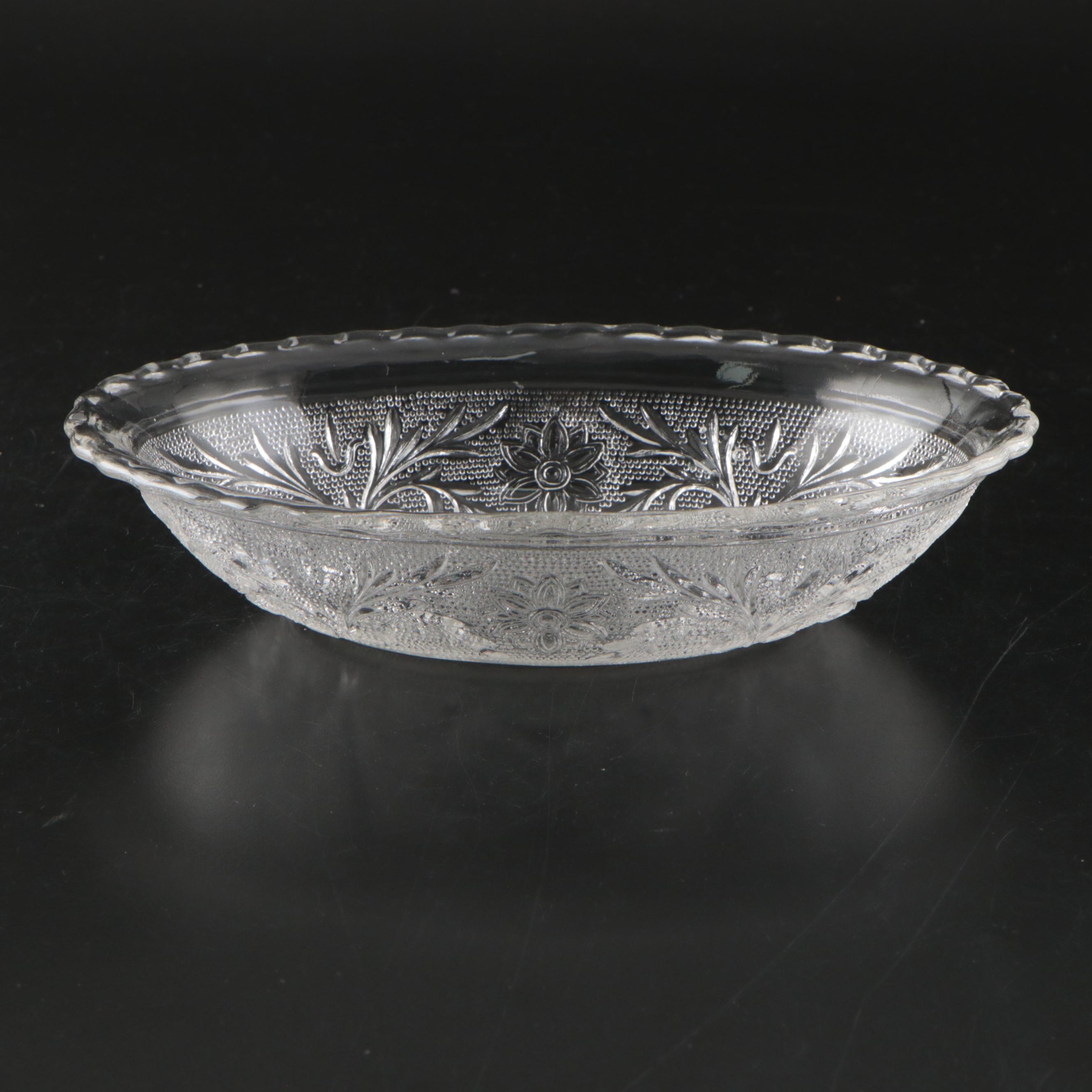 Floral Motif Pressed Glass Plates with Candy Dish and Serving Bowl, Vintage