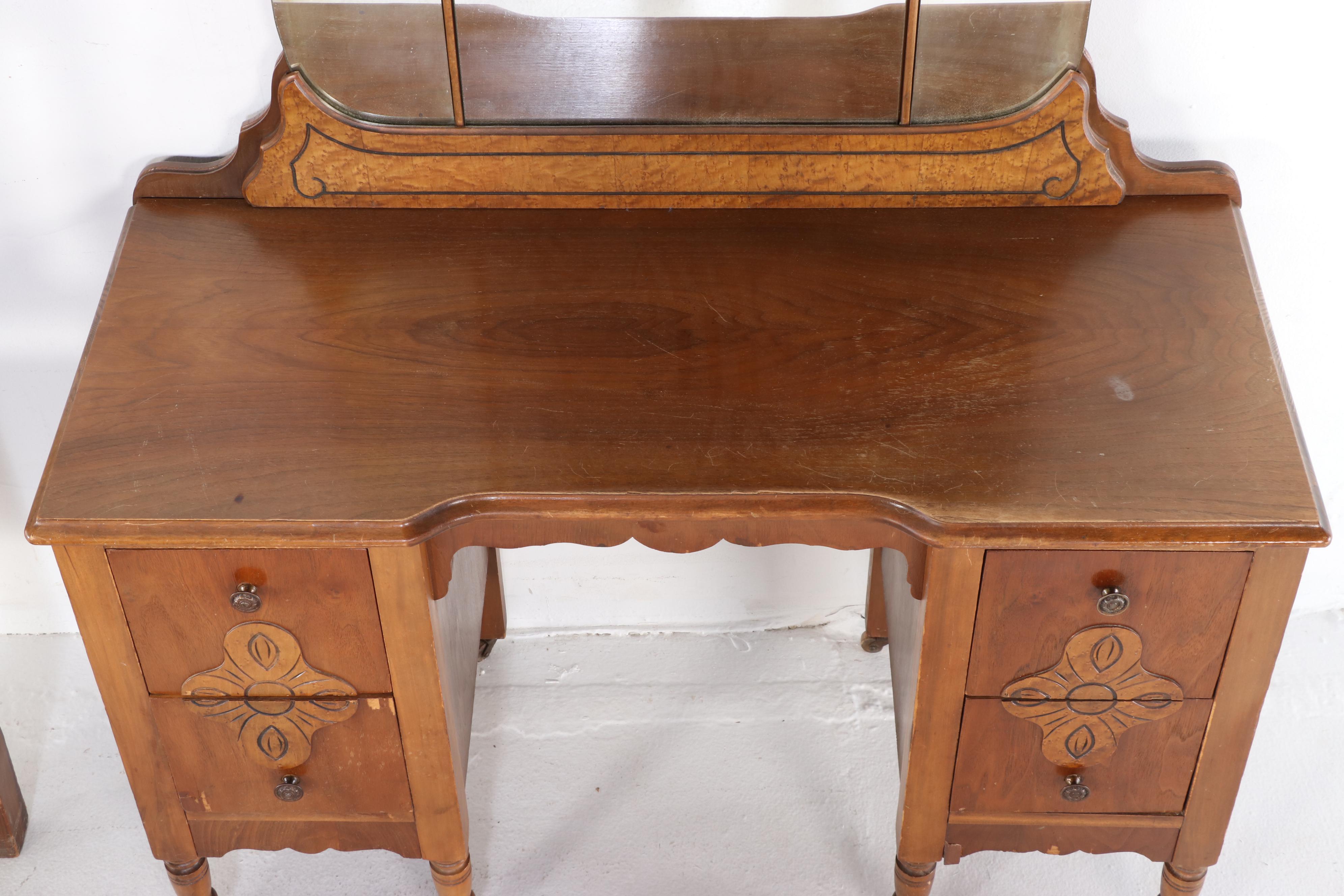 Webb Furniture Co. Renaissance Revival Walnut Vanity and Full Size Bed, c. 1930
