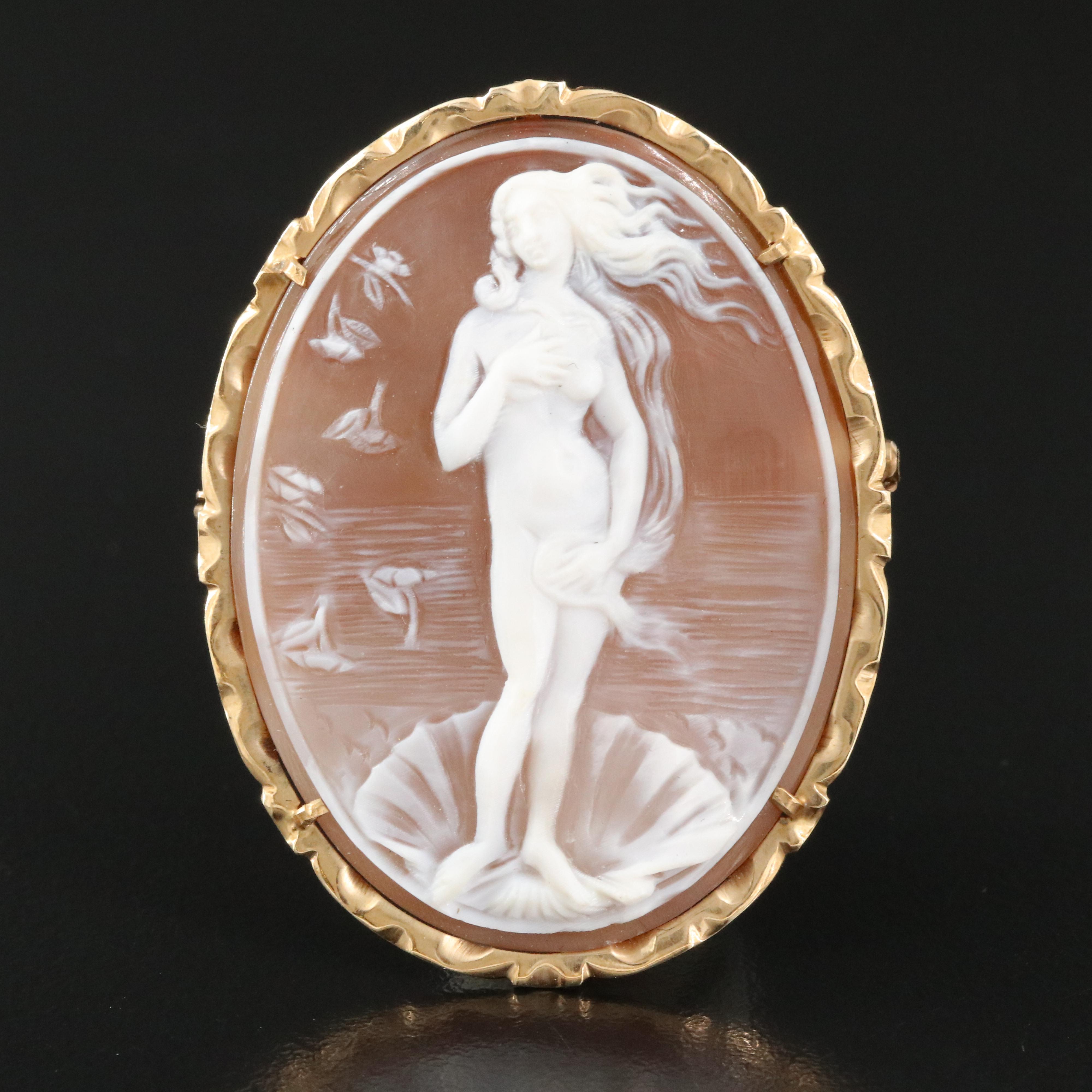 Italian Giovanni Apa "The Birth of Venus" 14K Shell Cameo Converter Brooch