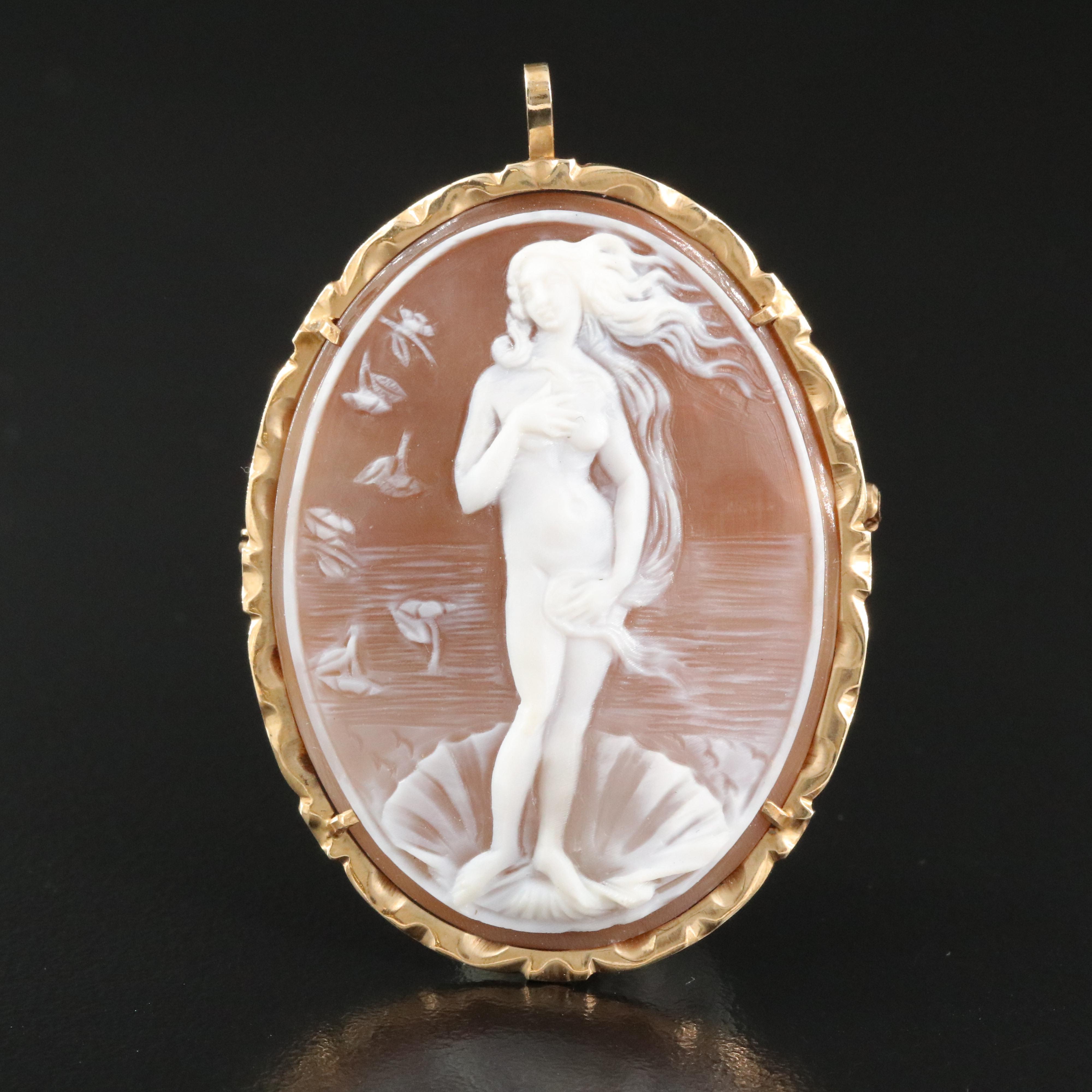 Italian Giovanni Apa "The Birth of Venus" 14K Shell Cameo Converter Brooch